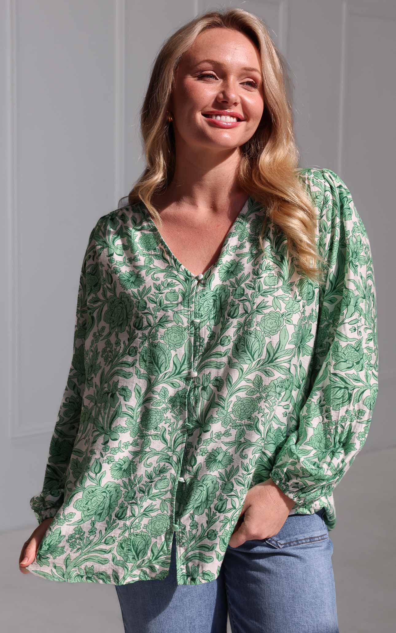 Blake Shirt Blouse - White Green Print