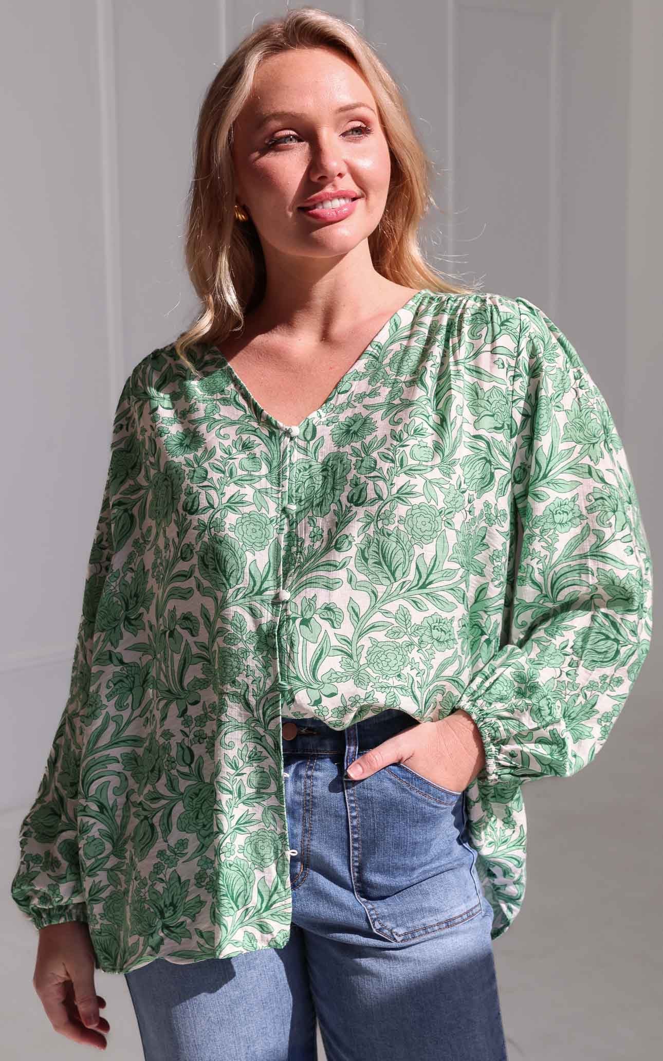 Blake Shirt Blouse - White Green Print