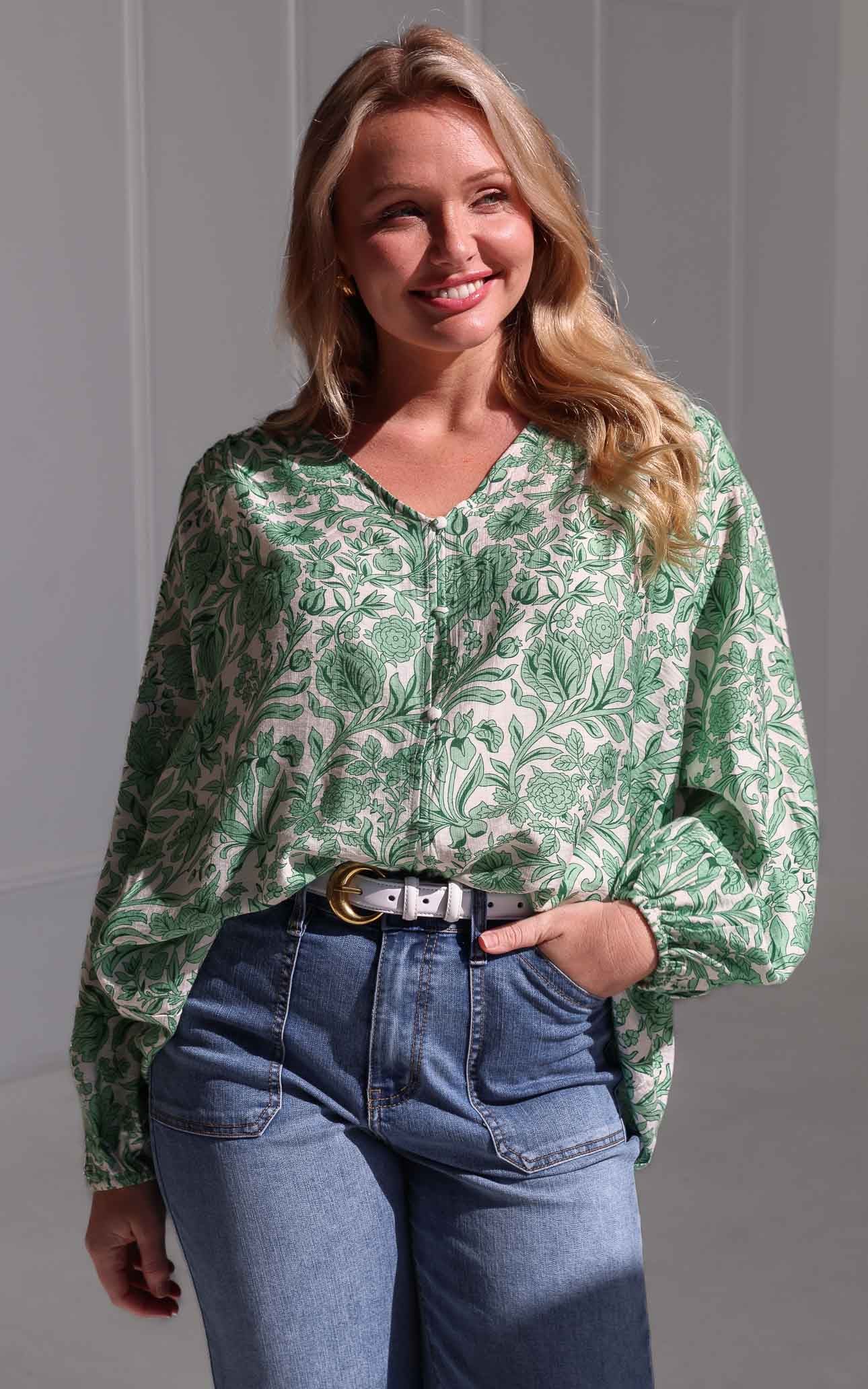 Blake Shirt Blouse - White Green Print