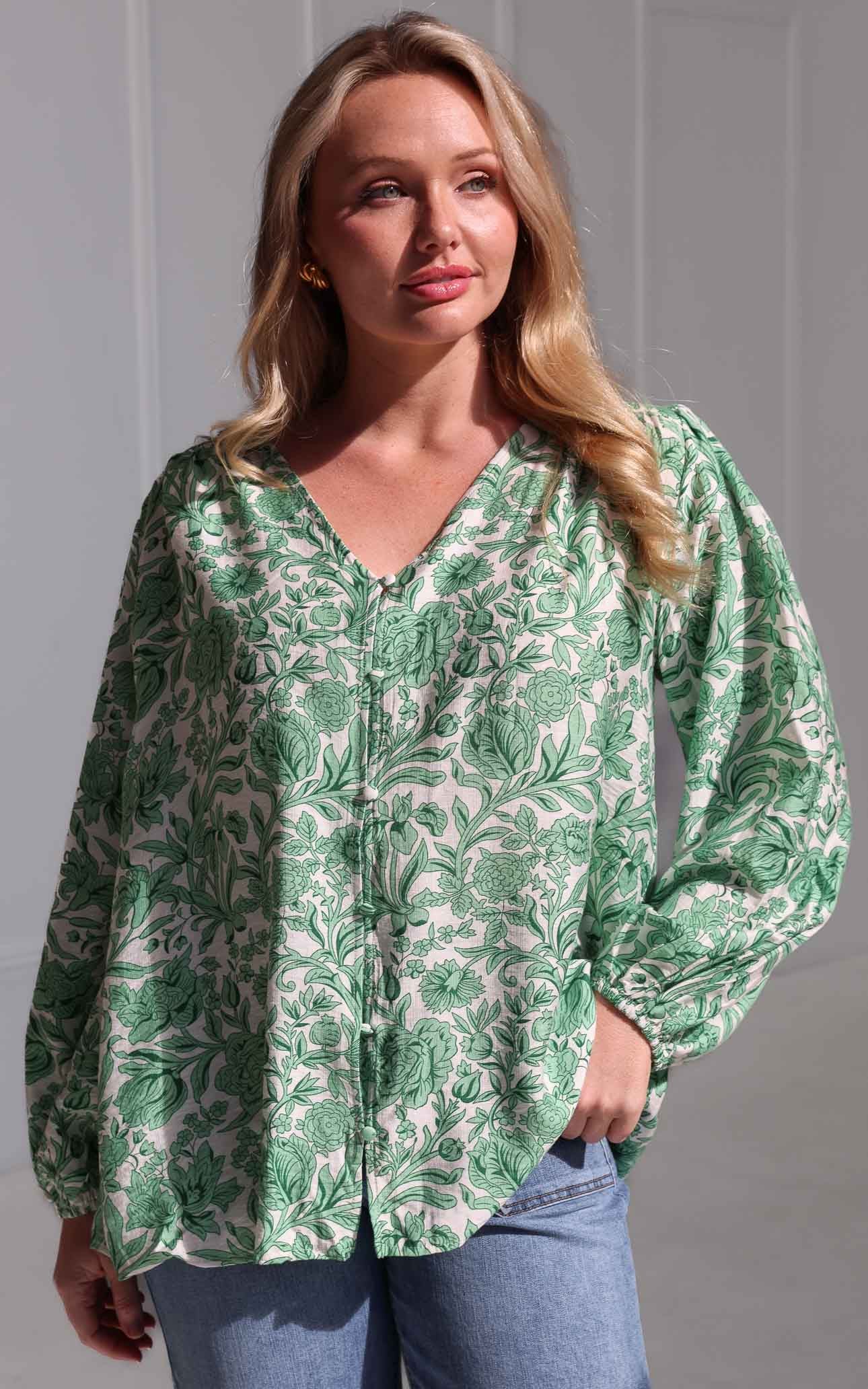 Blake Shirt Blouse - White Green Print