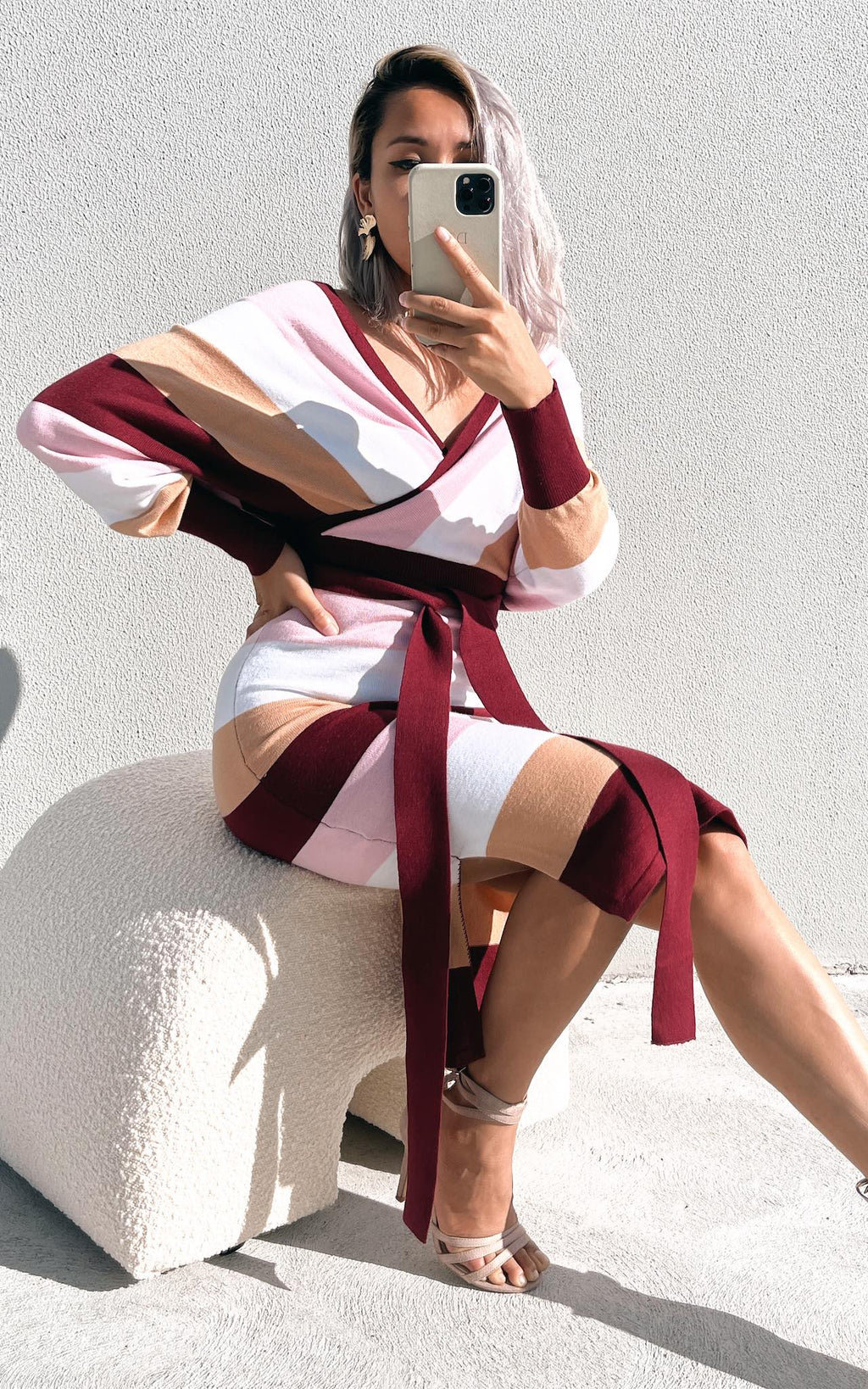 Bonnie Knit Midi Dress - Burgundy Multi Block
