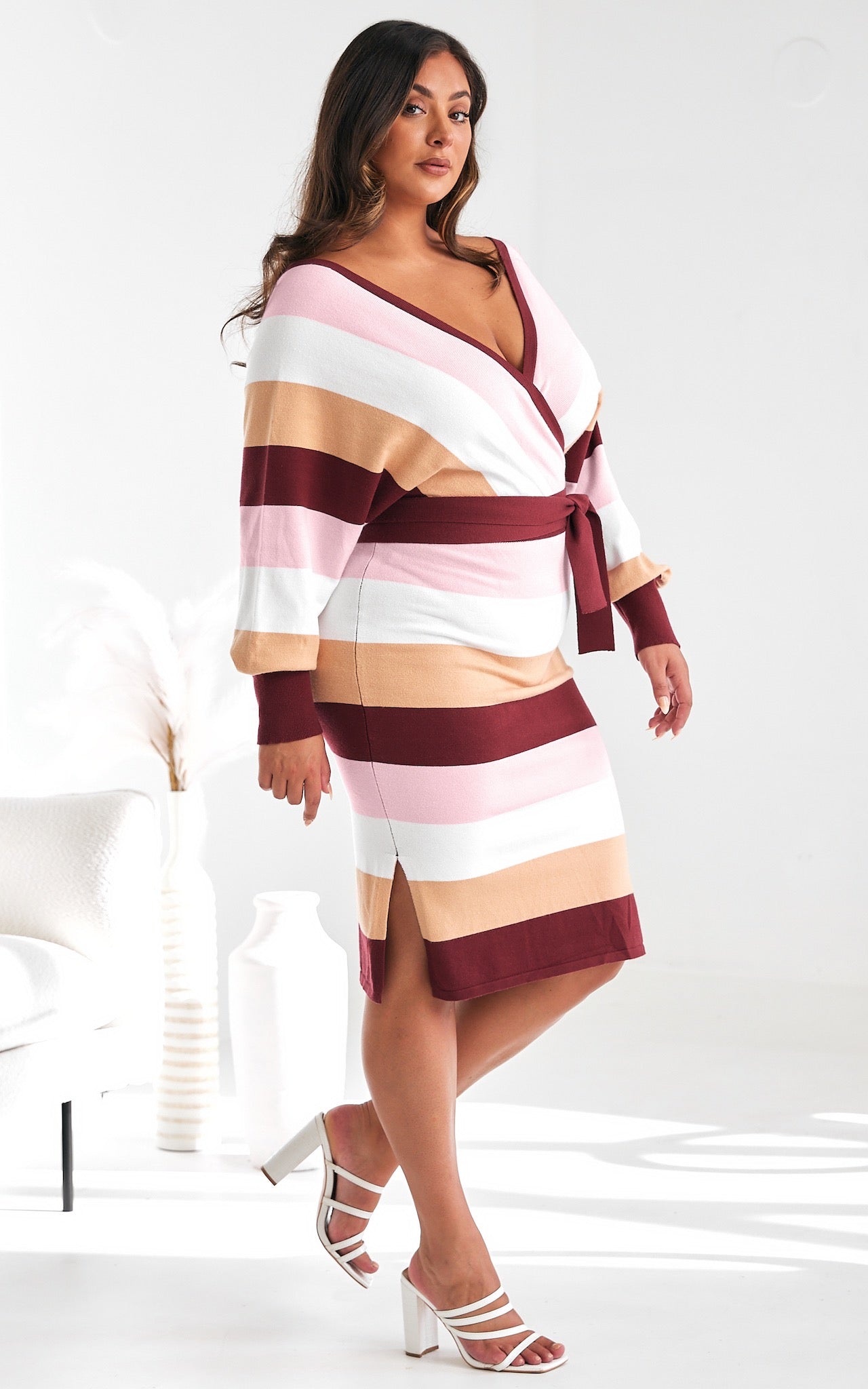 Bonnie Knit Midi Dress - Burgundy Multi Block