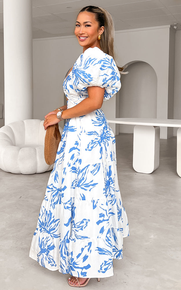 BRETTA SWEETHEART TWIST CUT OUT PUFF SLEEVE MAXI DRESS - WHITE BLUE PRINT By Amica BRETTA SWEETHEART TWIST CUT OUT PUFF SLEEVE MAXI DRESS - WHITE BLUE PRINT By Amica