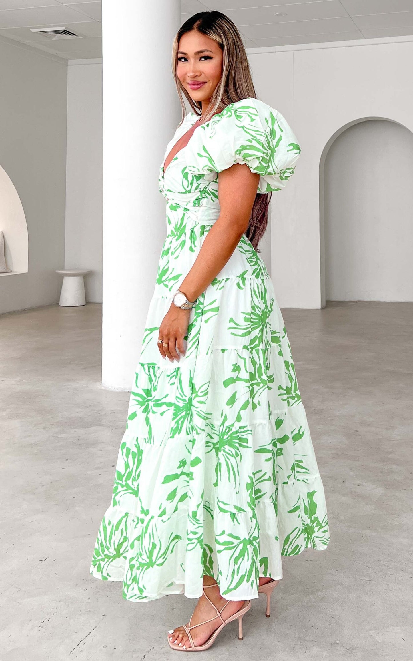 Bretta Maxi Dress - White Green Print