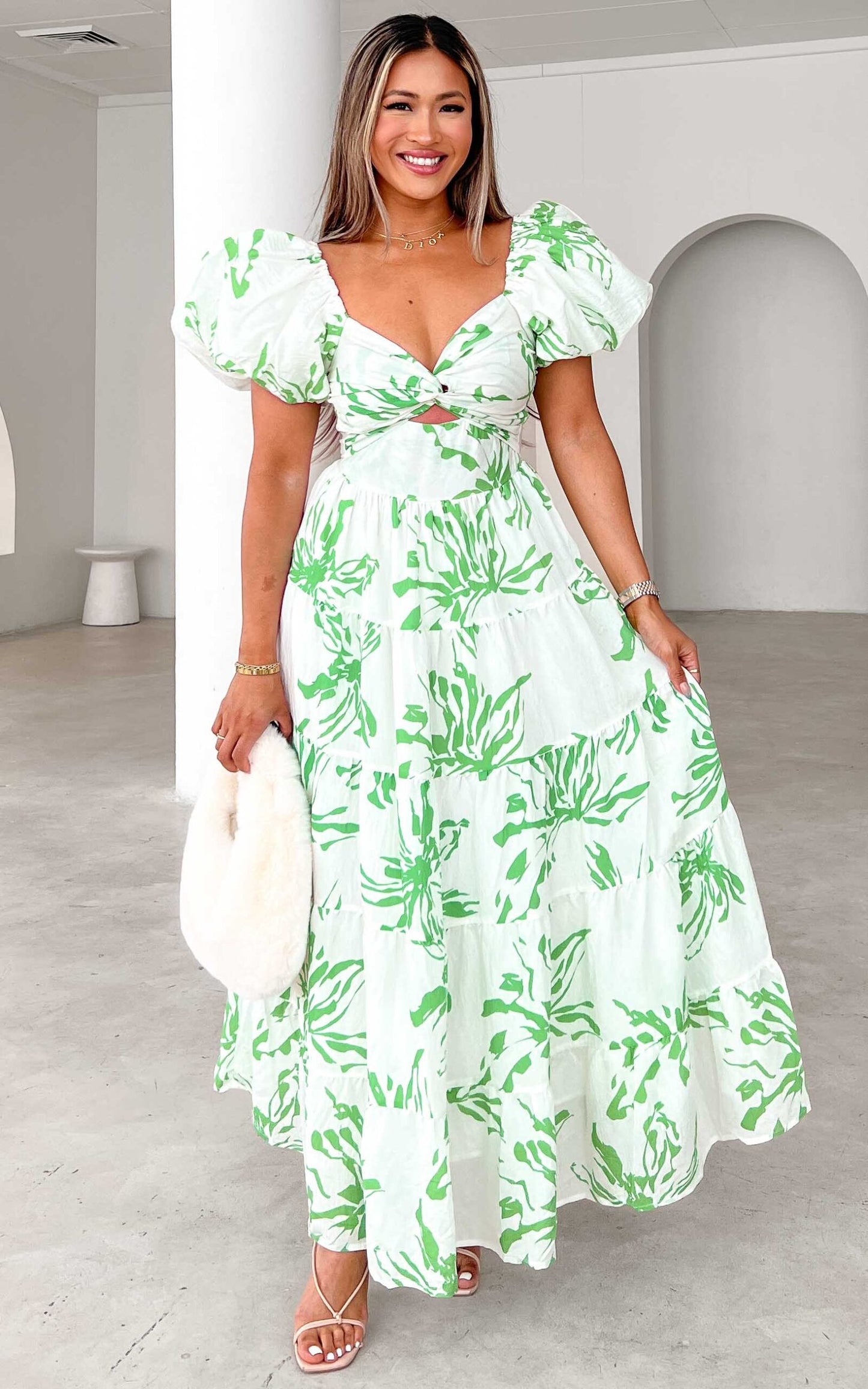 Bretta Maxi Dress - White Green Print