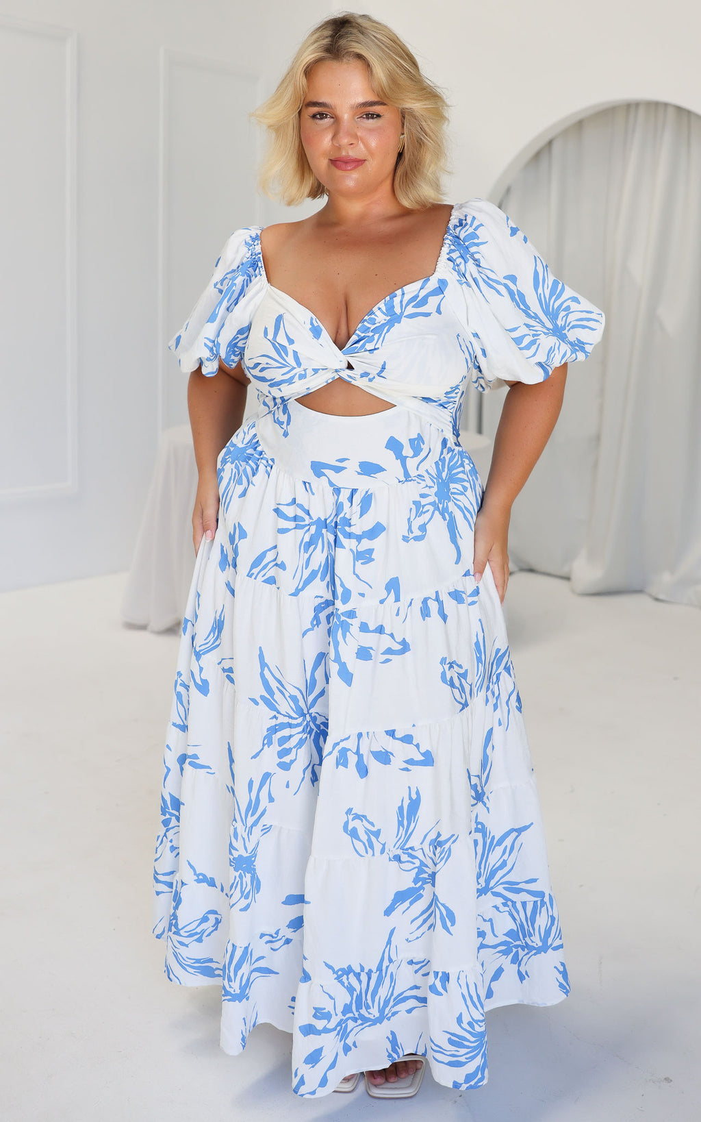 Bretta Maxi Dress - White Blue Print
