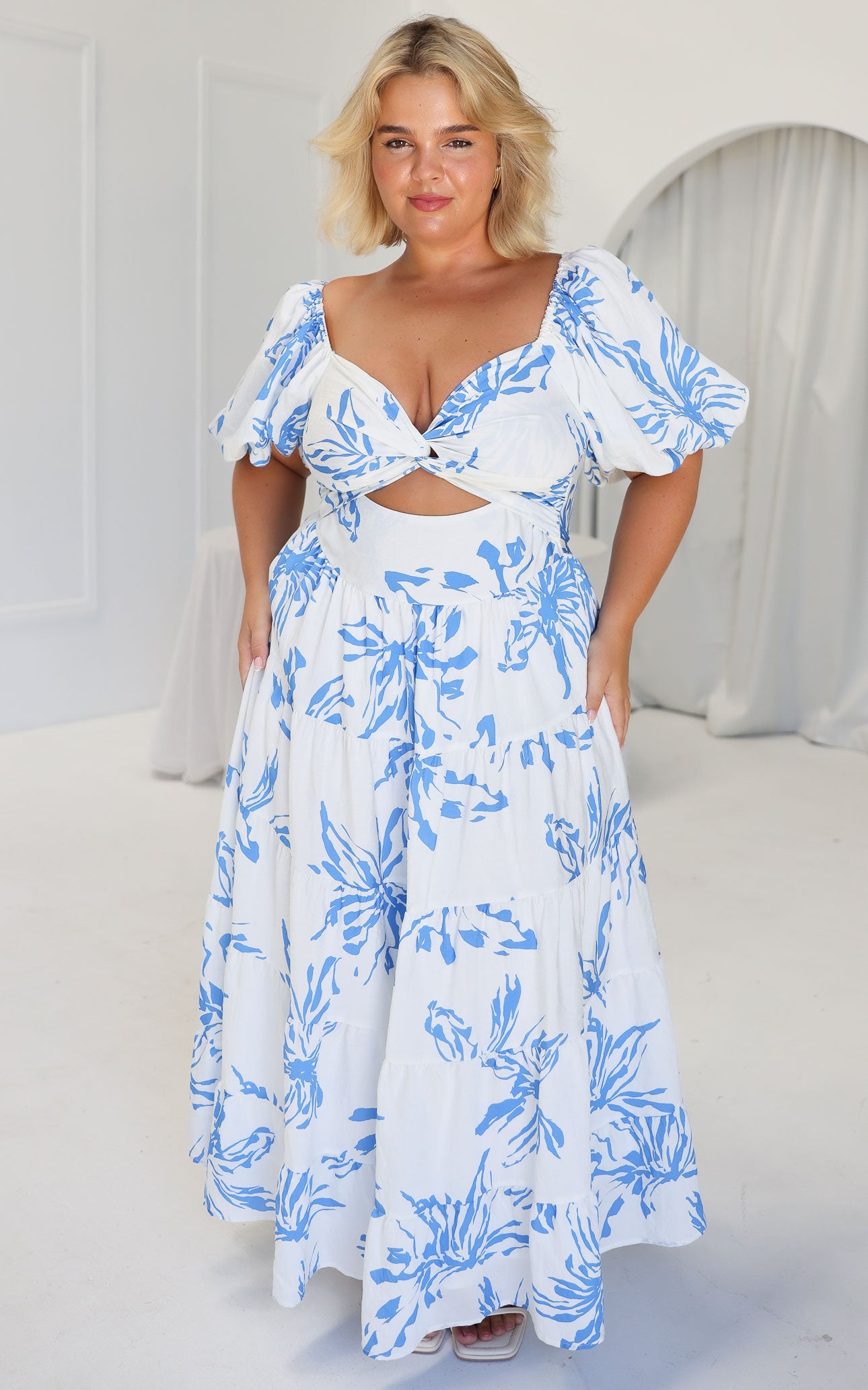 Bretta Maxi Dress - White Blue Print