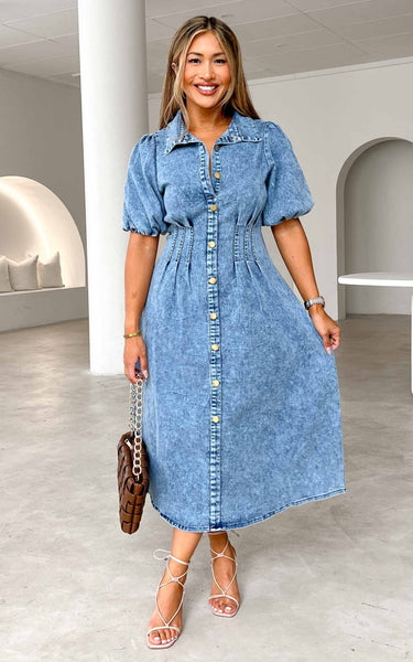 button front midi tea dress Ruffle Sleeve Button Front Midi Dress – Charming Charlie