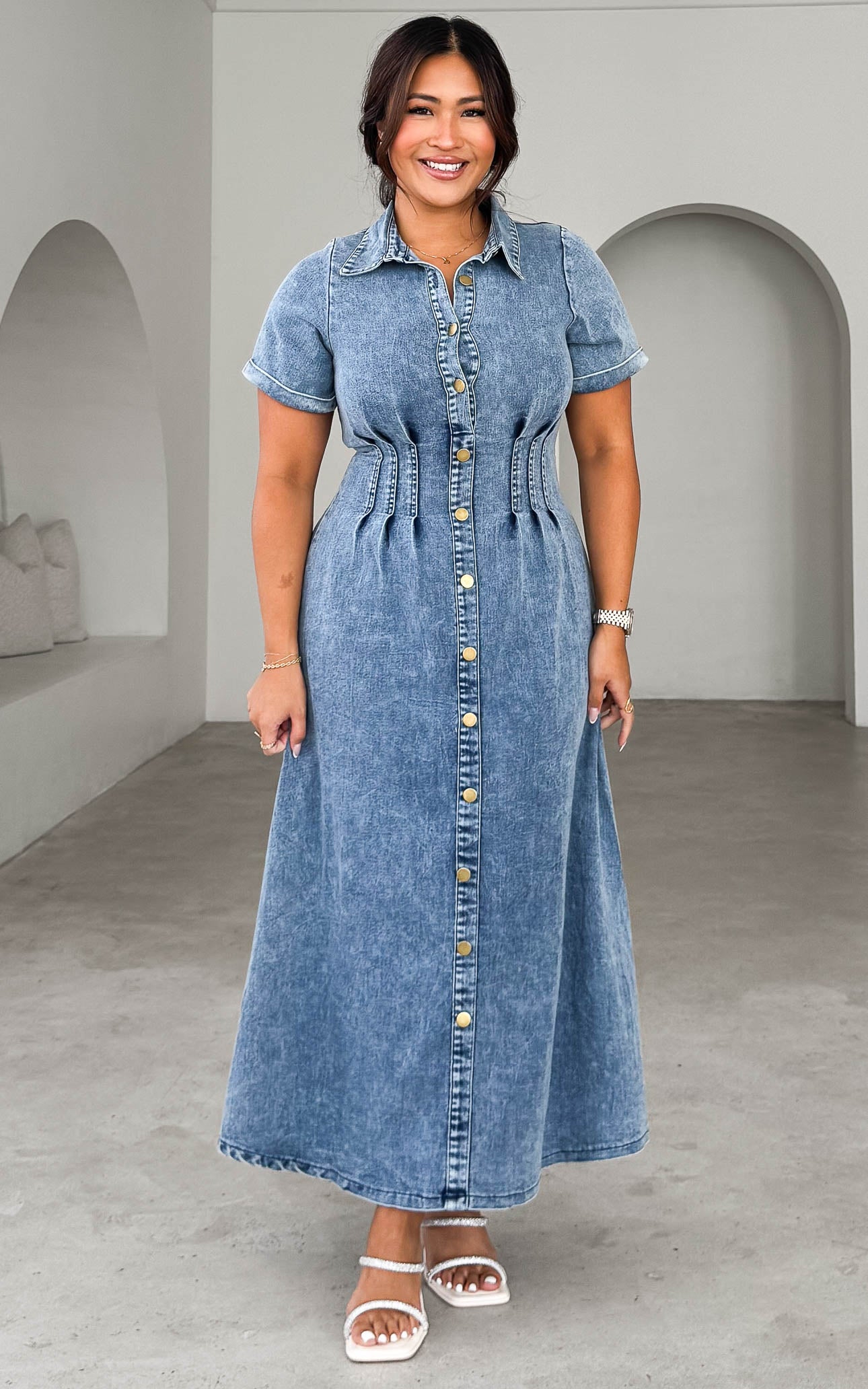 Brimble Short Sleeve Denim Maxi Dress - Blue
