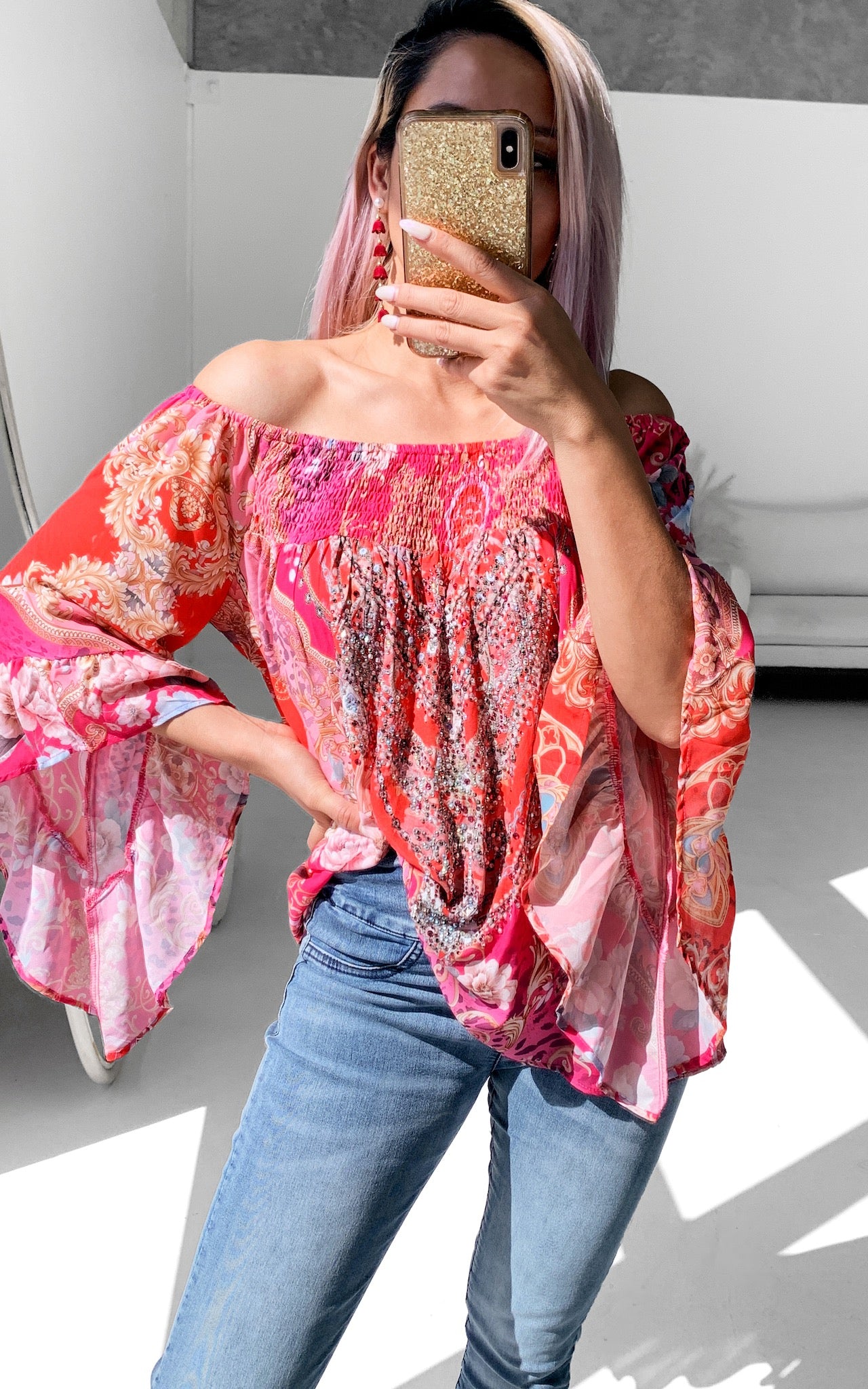 Britney Gem Embellished Top - Red Pink Multi Print