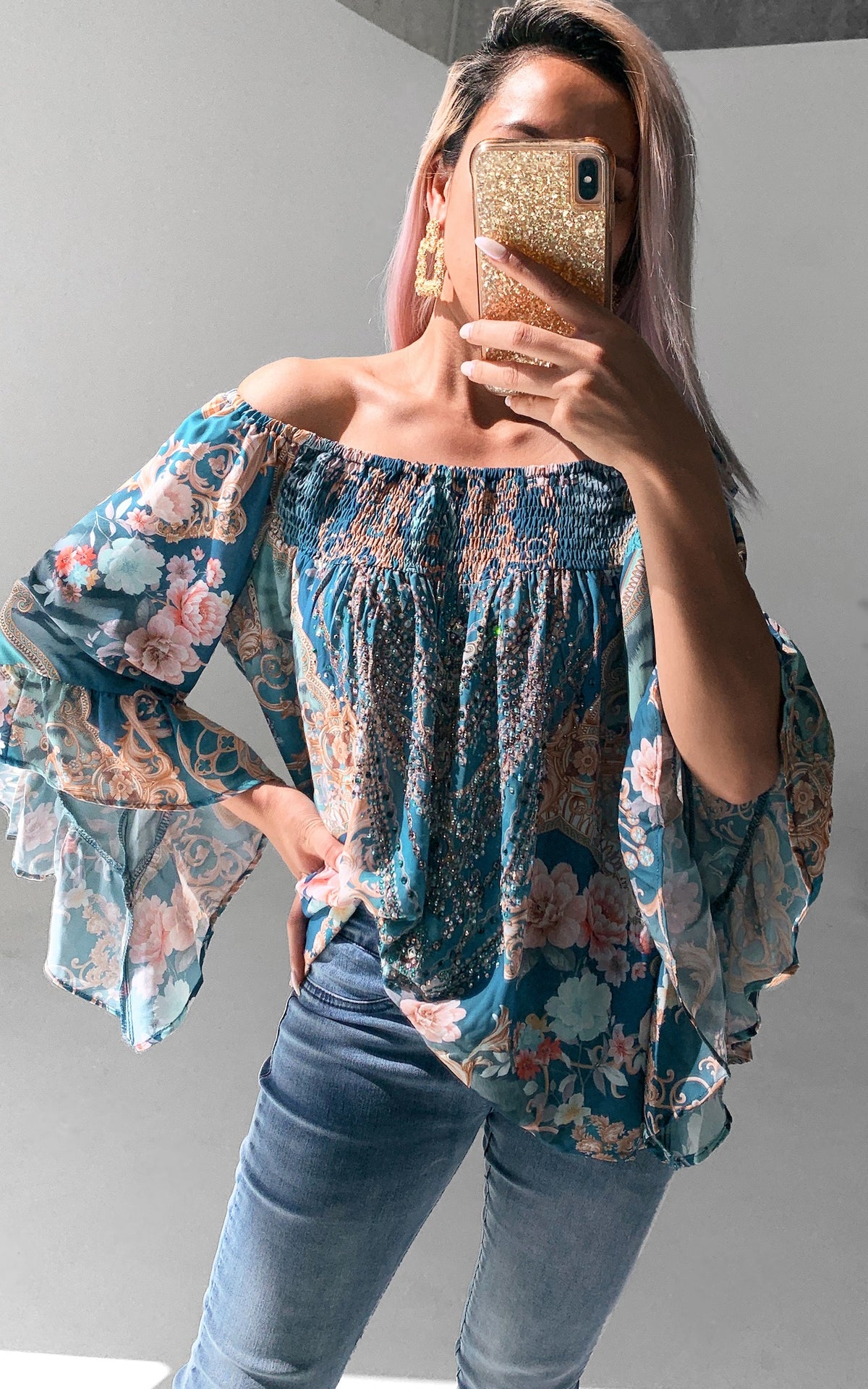 Britney Gem Embellished Top - Teal Multi Print