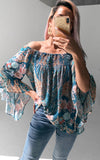 Britney Gem Embellished Top - Teal Multi Print