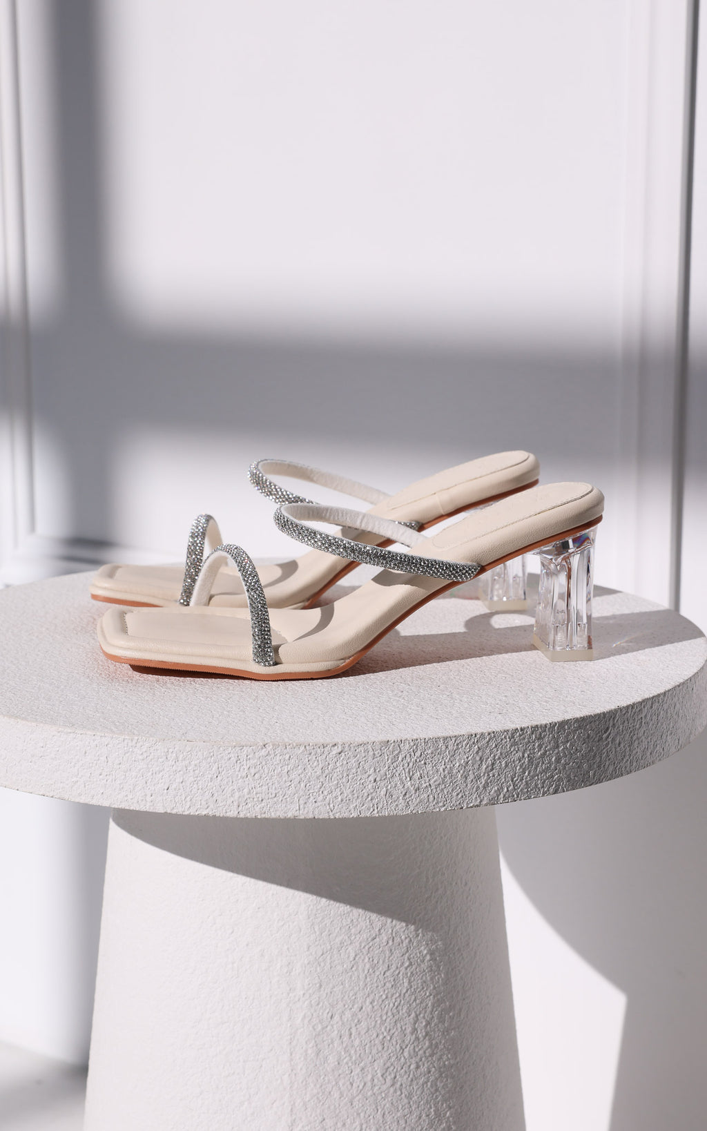 Brixon Block Mule Heels - Bone Beige Rhinestone