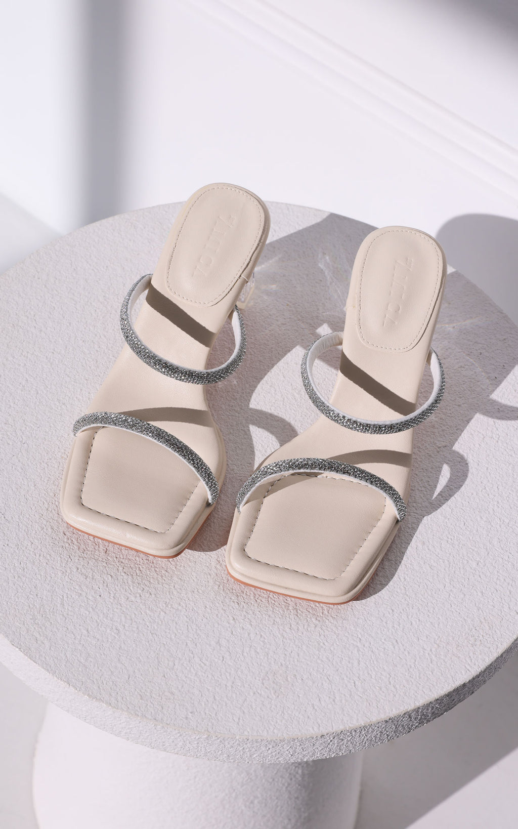 Brixon Block Mule Heels - Bone Beige Rhinestone