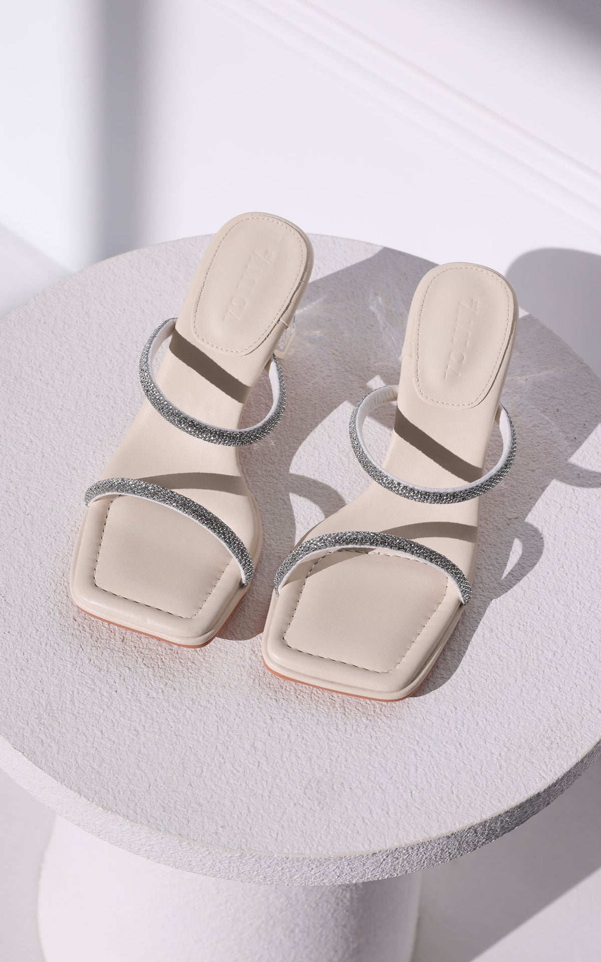 Brixon Block Mule Heels - Bone Beige Rhinestone