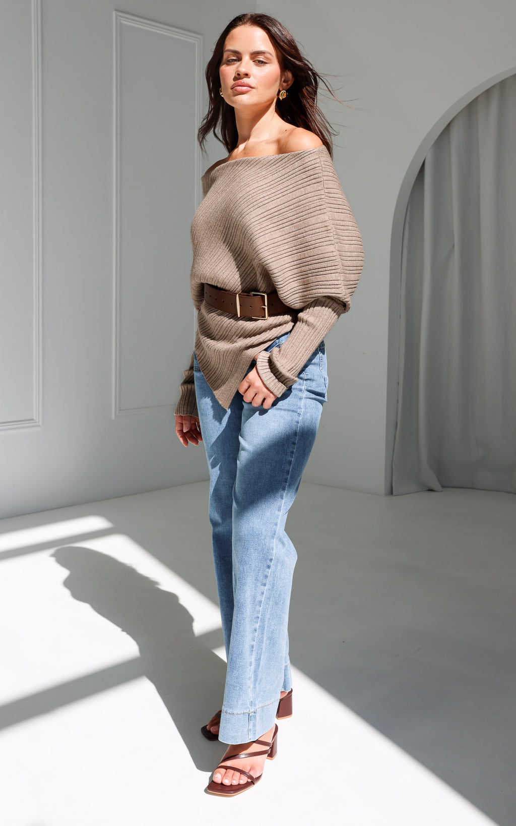 Calandra Two Piece Knit Set With Belt - Beige Brown Marle