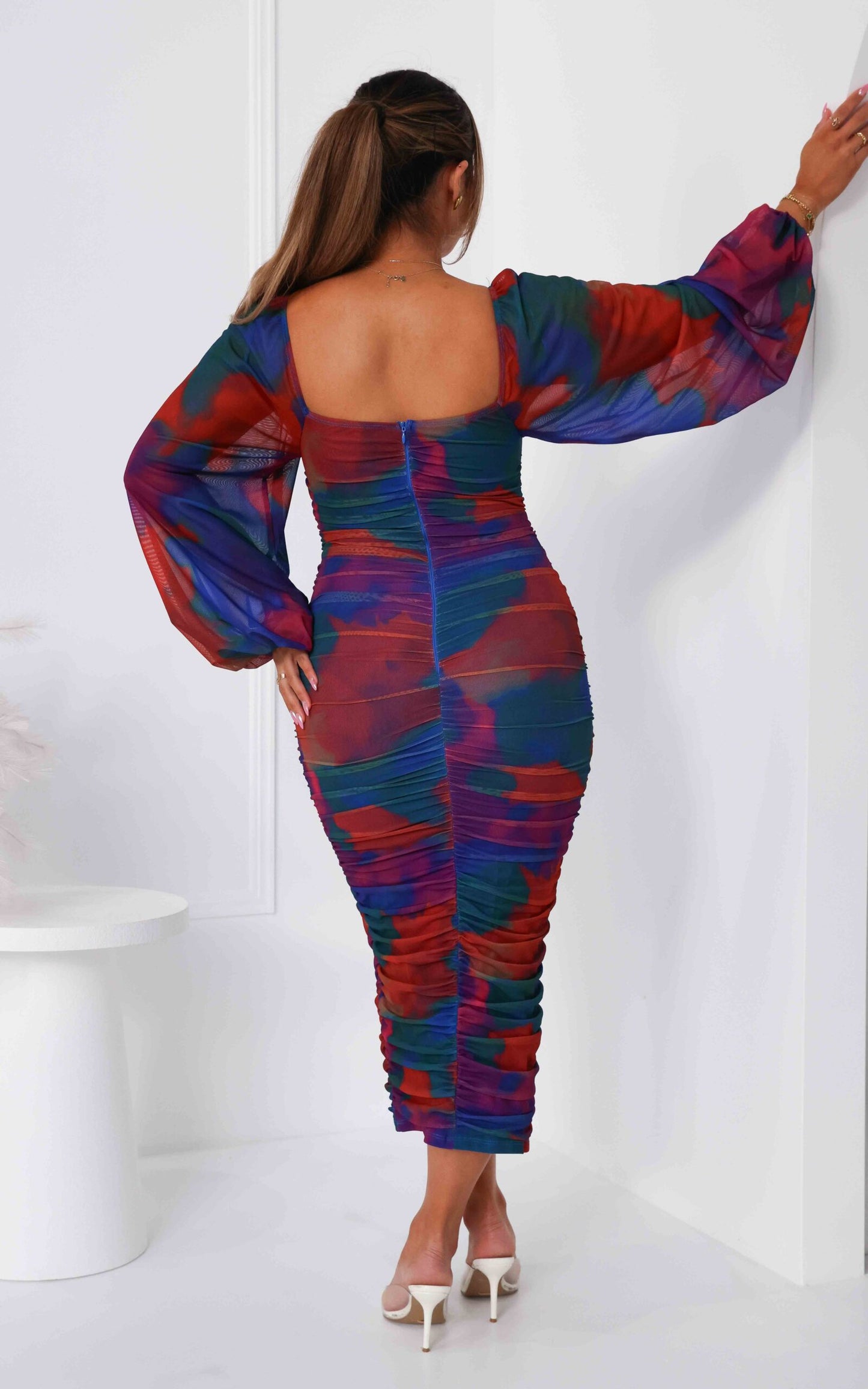 Calissa Mesh Midi Dress - Rainbow Abstract Print