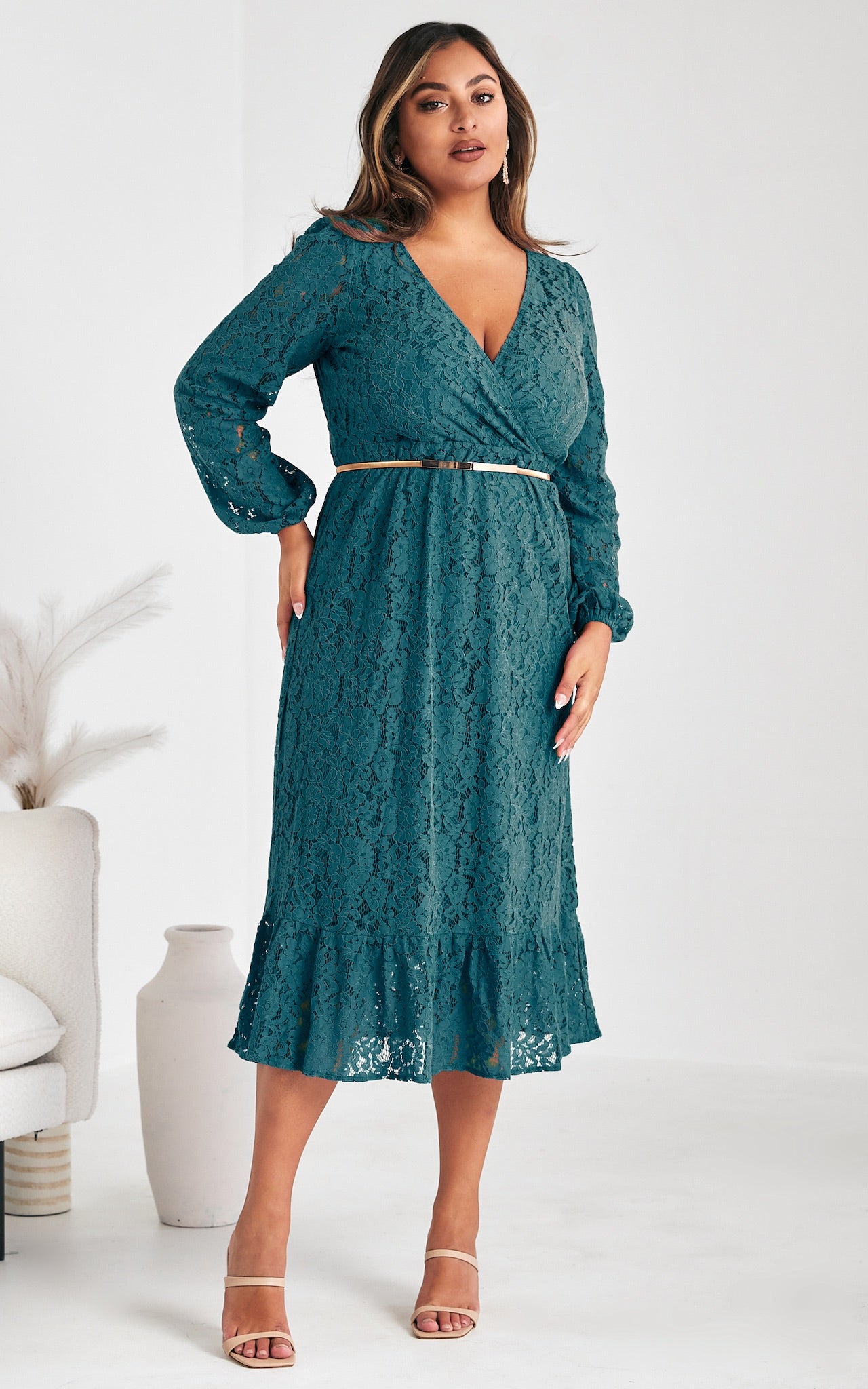 Camellia Lace Midi Dress - Teal Blue