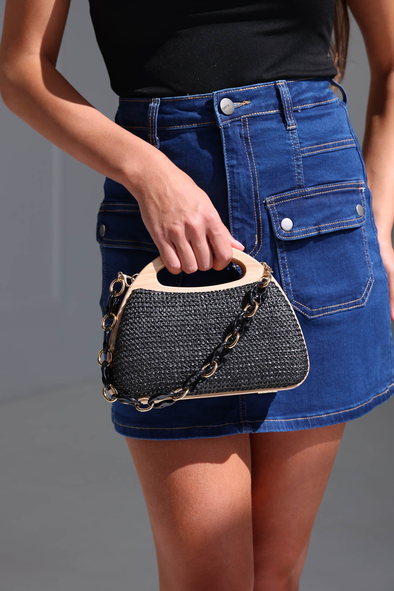 Caroline Straw Bag - Black Crescent