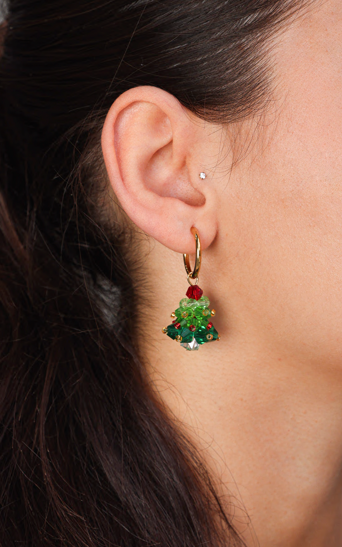 Carolling Hoop Charm Earrings - Gold Tree Bead