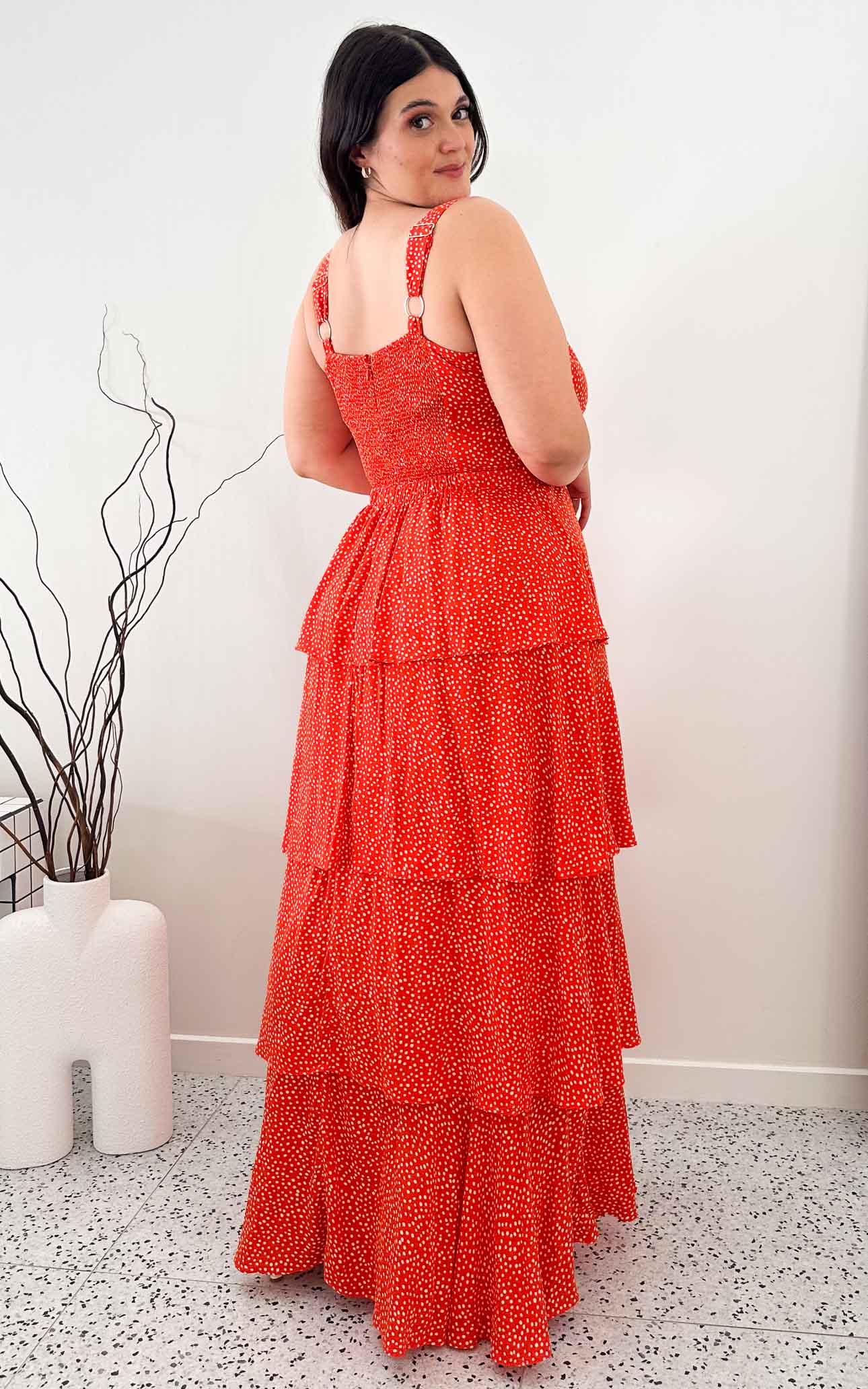 orange polka dot maxi dress Tiered Polka Dot Smocked Bodice Classic Summer Maxi Dress Orange / L