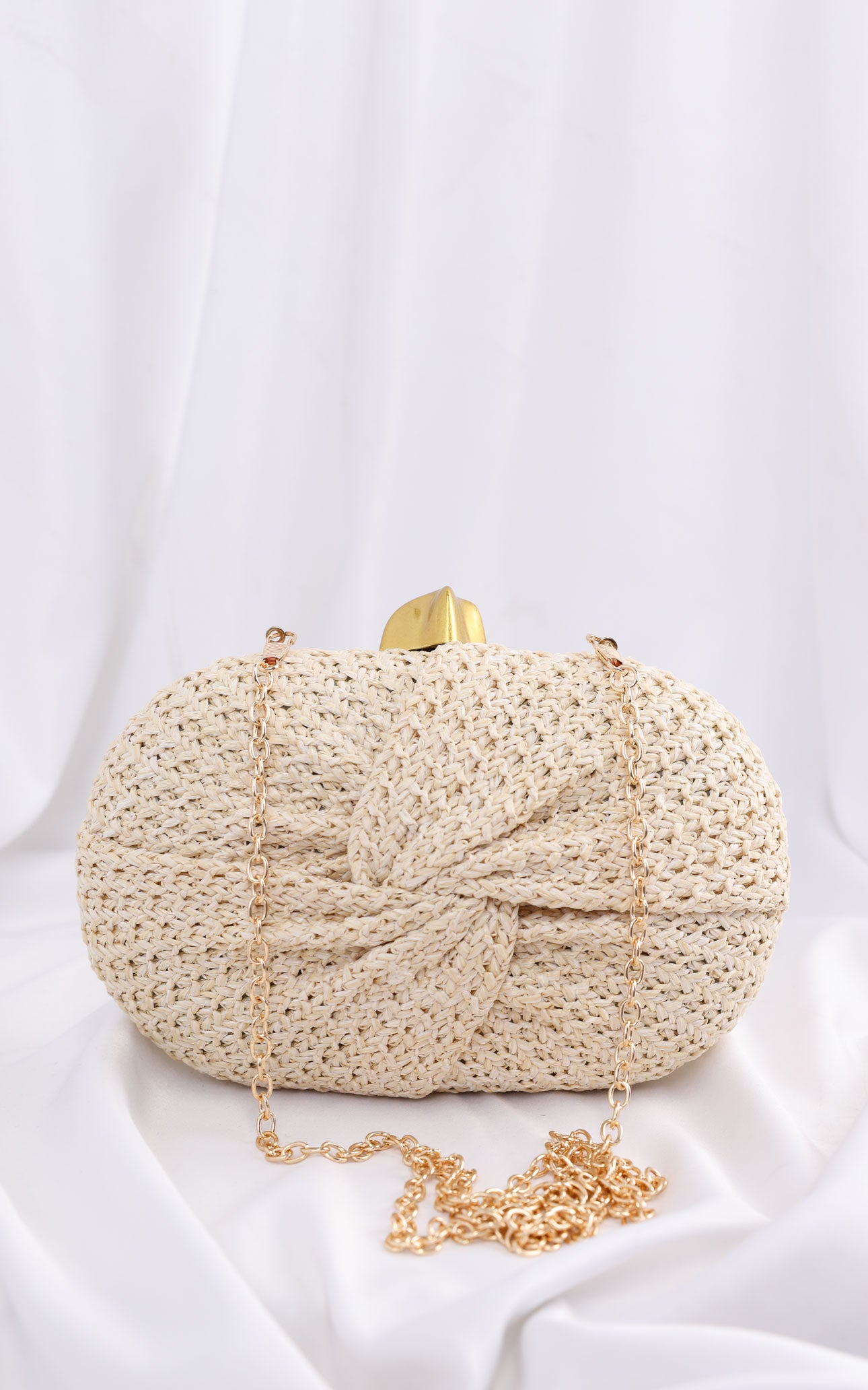 Christelle Oval Straw Clutch Bag - Beige