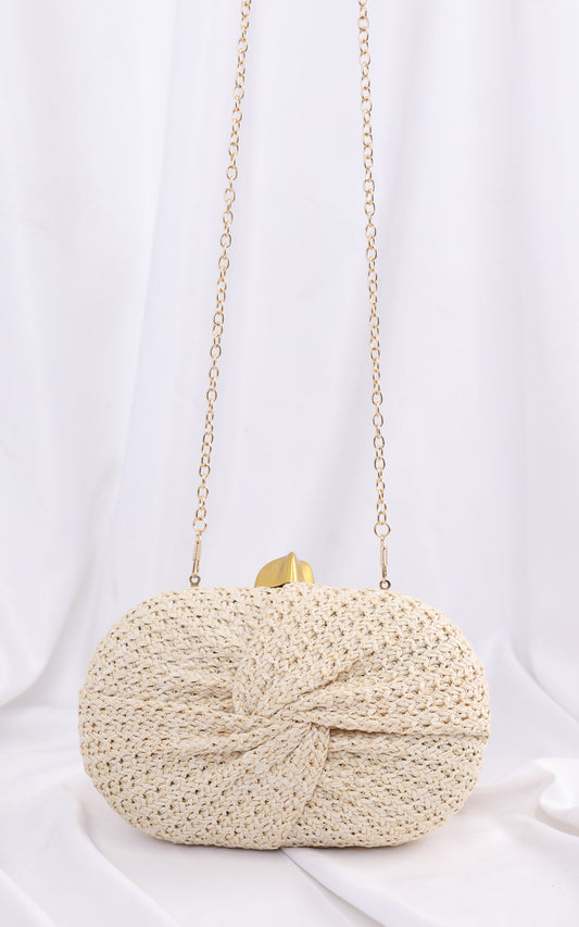 Christelle Oval Straw Clutch Bag - Beige