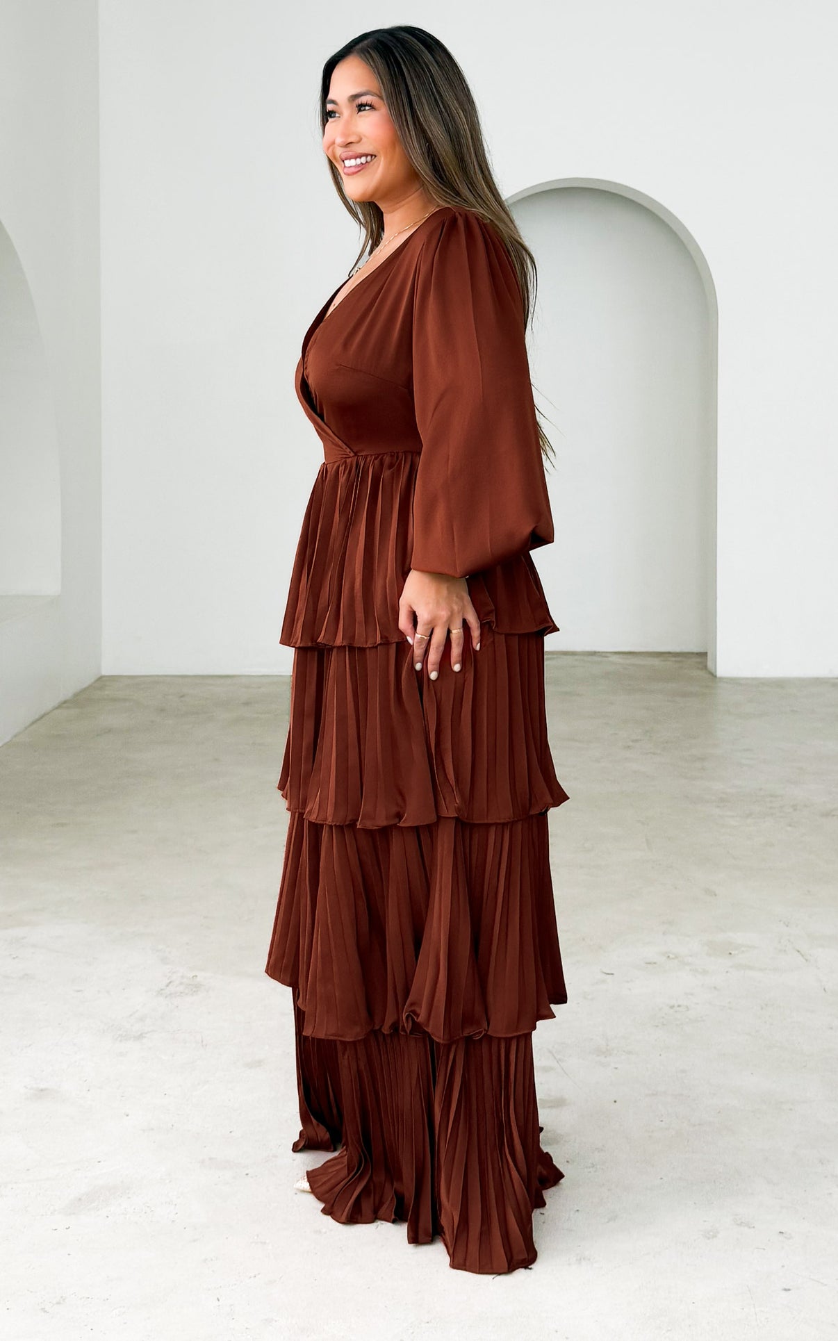 CLARABELLE LONG SLEEVE MAXI DRESS - RUST BROWN – By Amica