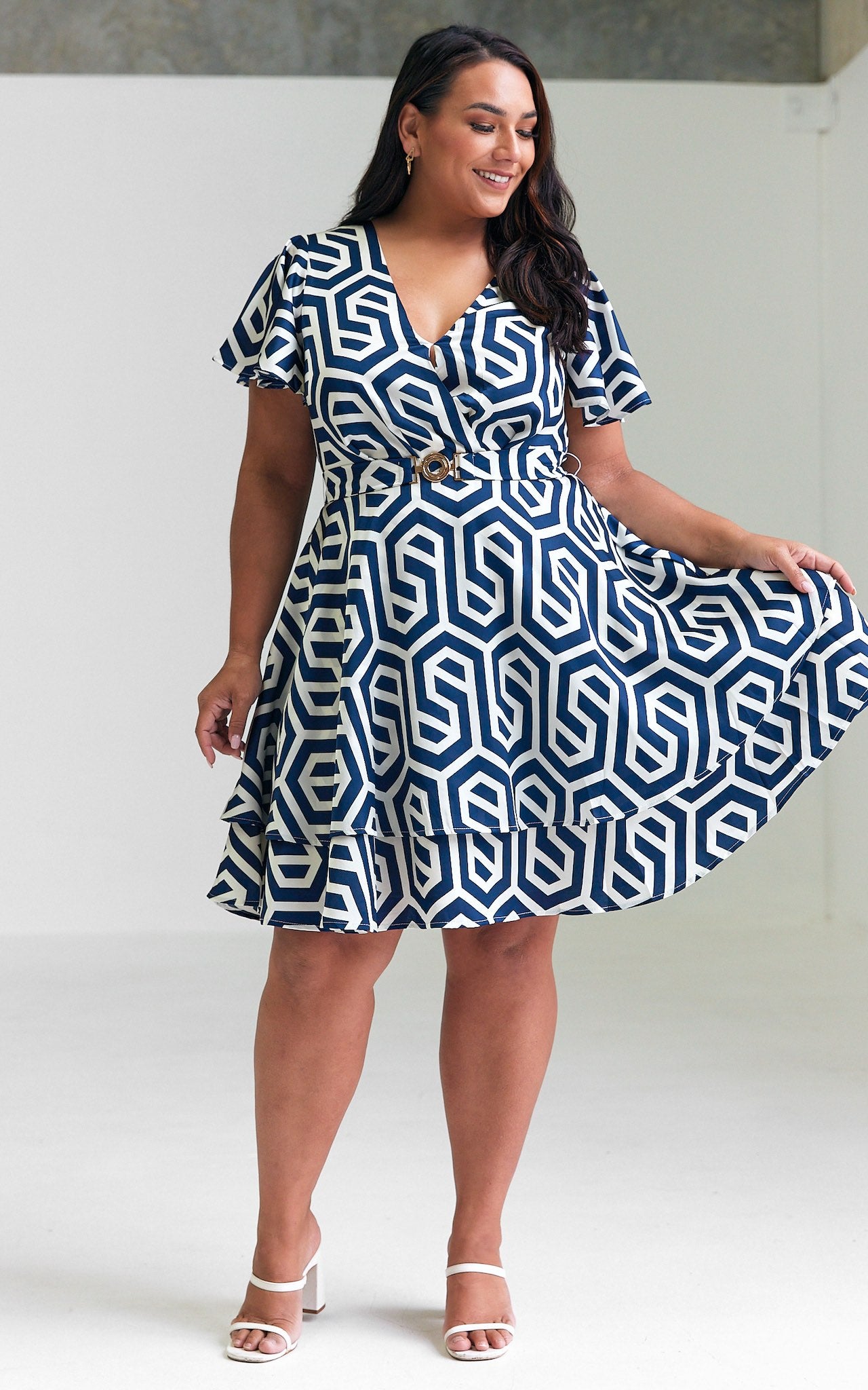 Cobella Short Sleeve Dress - Blue Cream Geometric Print