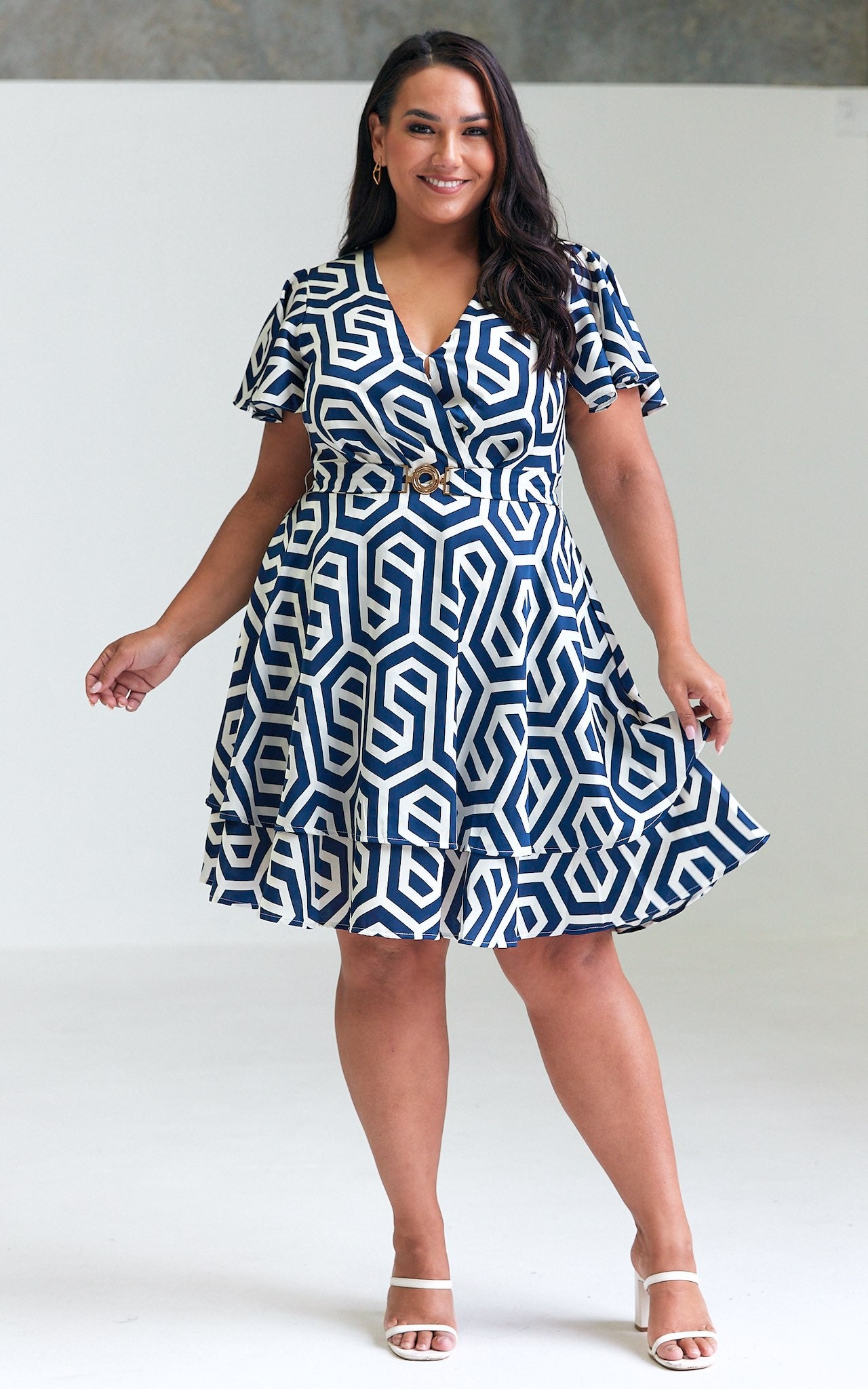 Cobella Short Sleeve Dress - Blue Cream Geometric Print