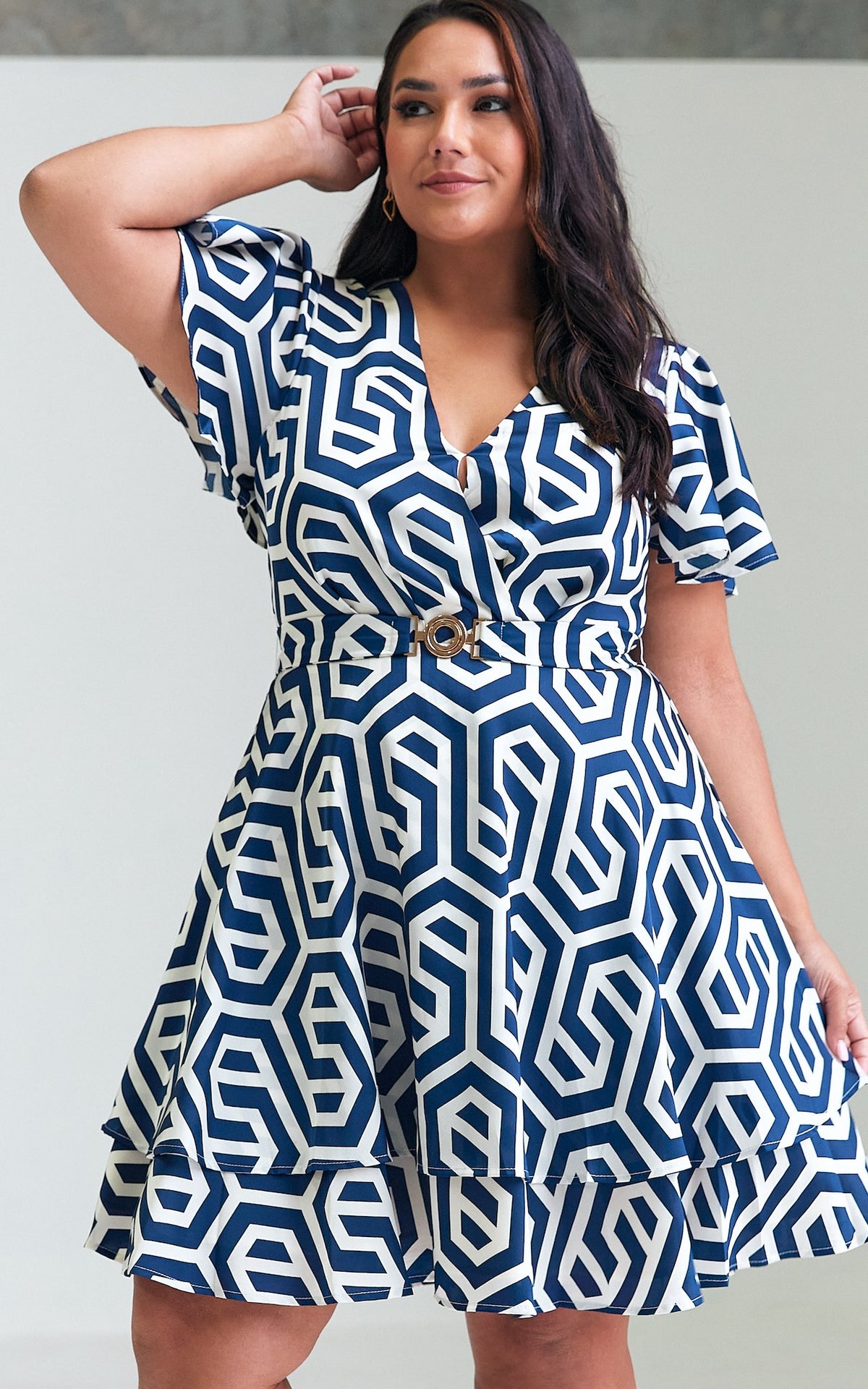 Cobella Short Sleeve Dress - Blue Cream Geometric Print