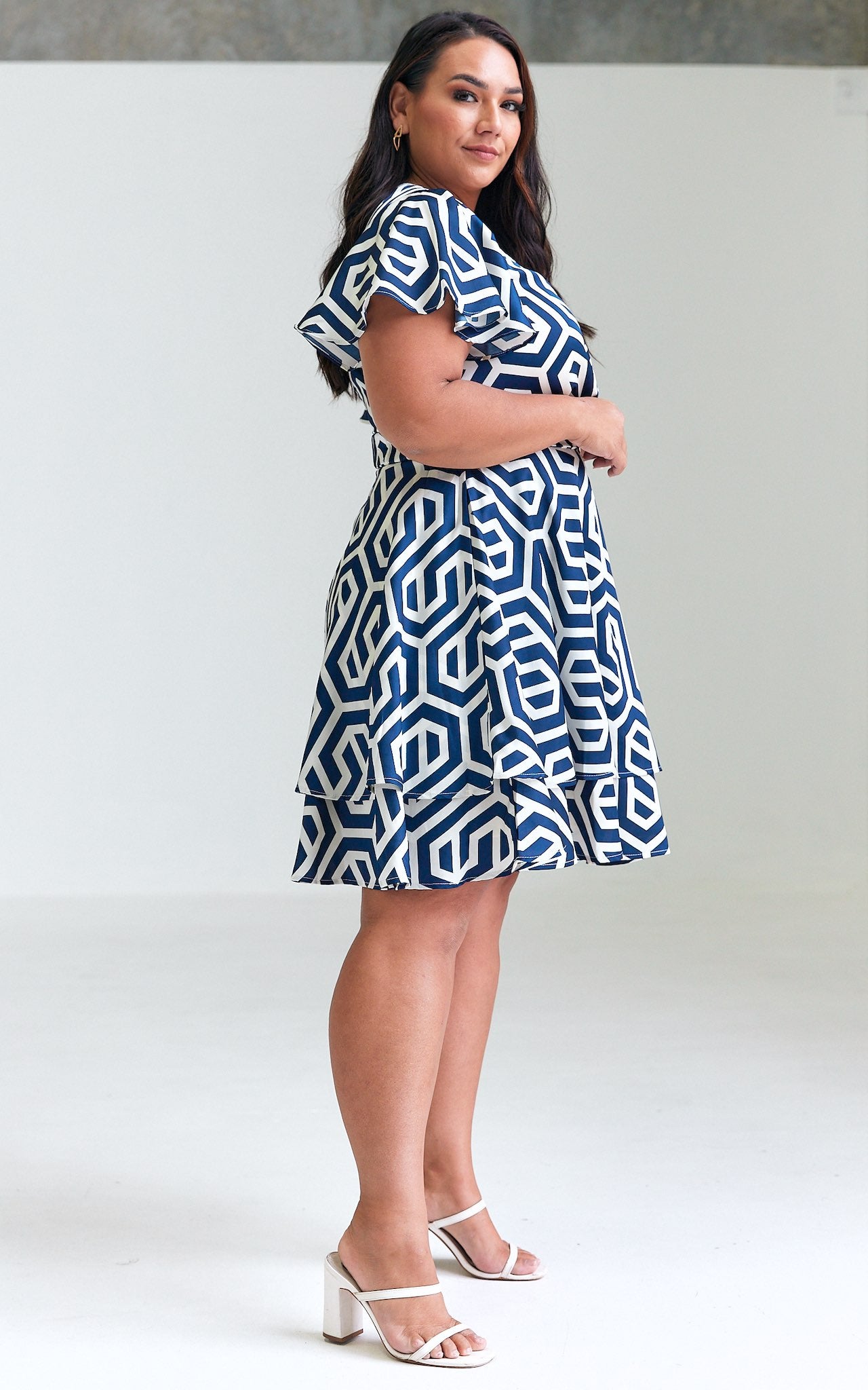 Cobella Short Sleeve Dress - Blue Cream Geometric Print