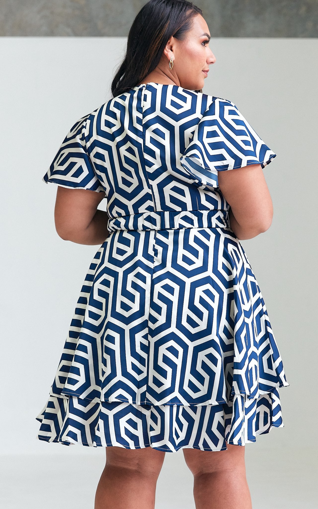 Cobella Short Sleeve Dress - Blue Cream Geometric Print