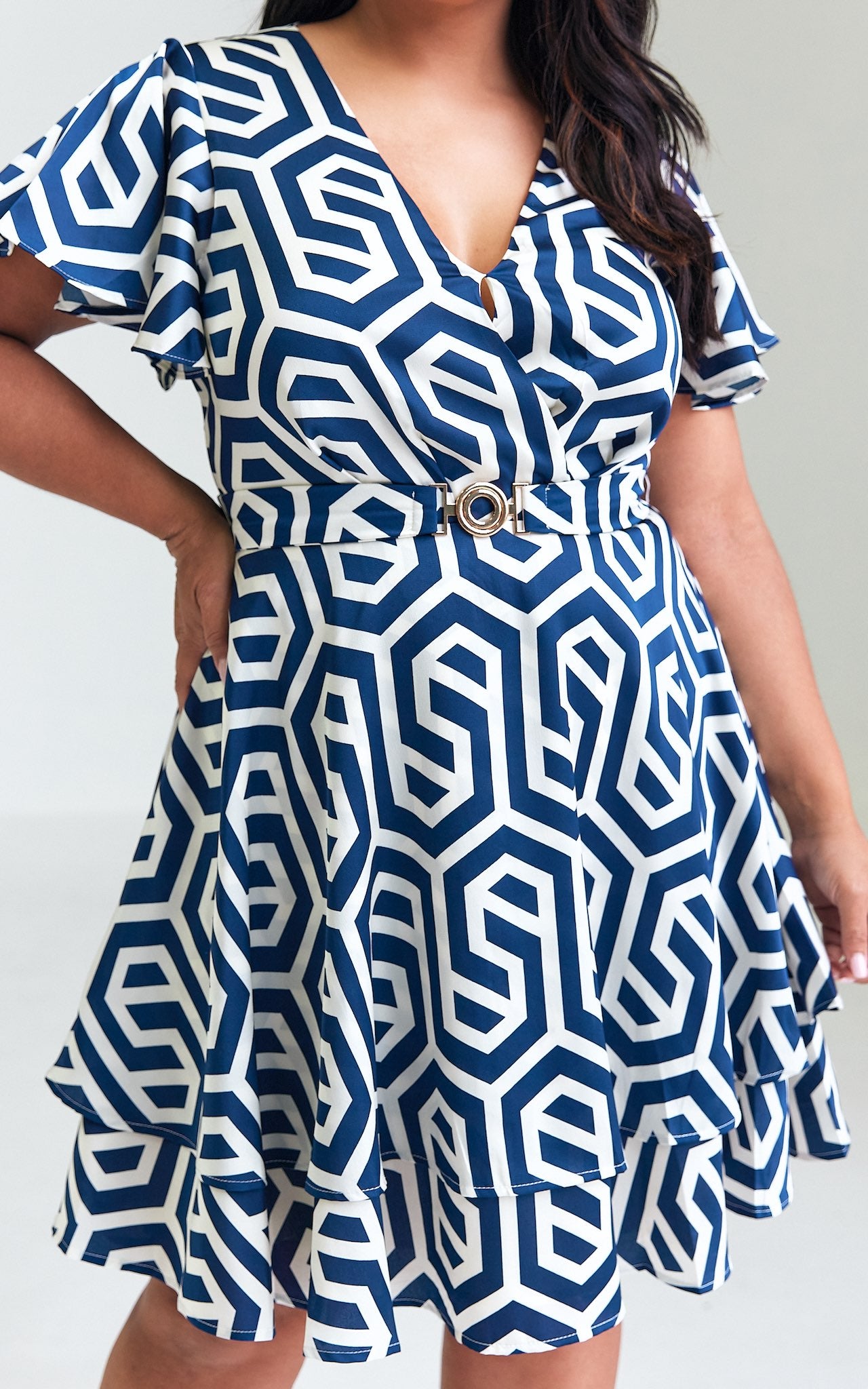 Cobella Short Sleeve Dress - Blue Cream Geometric Print