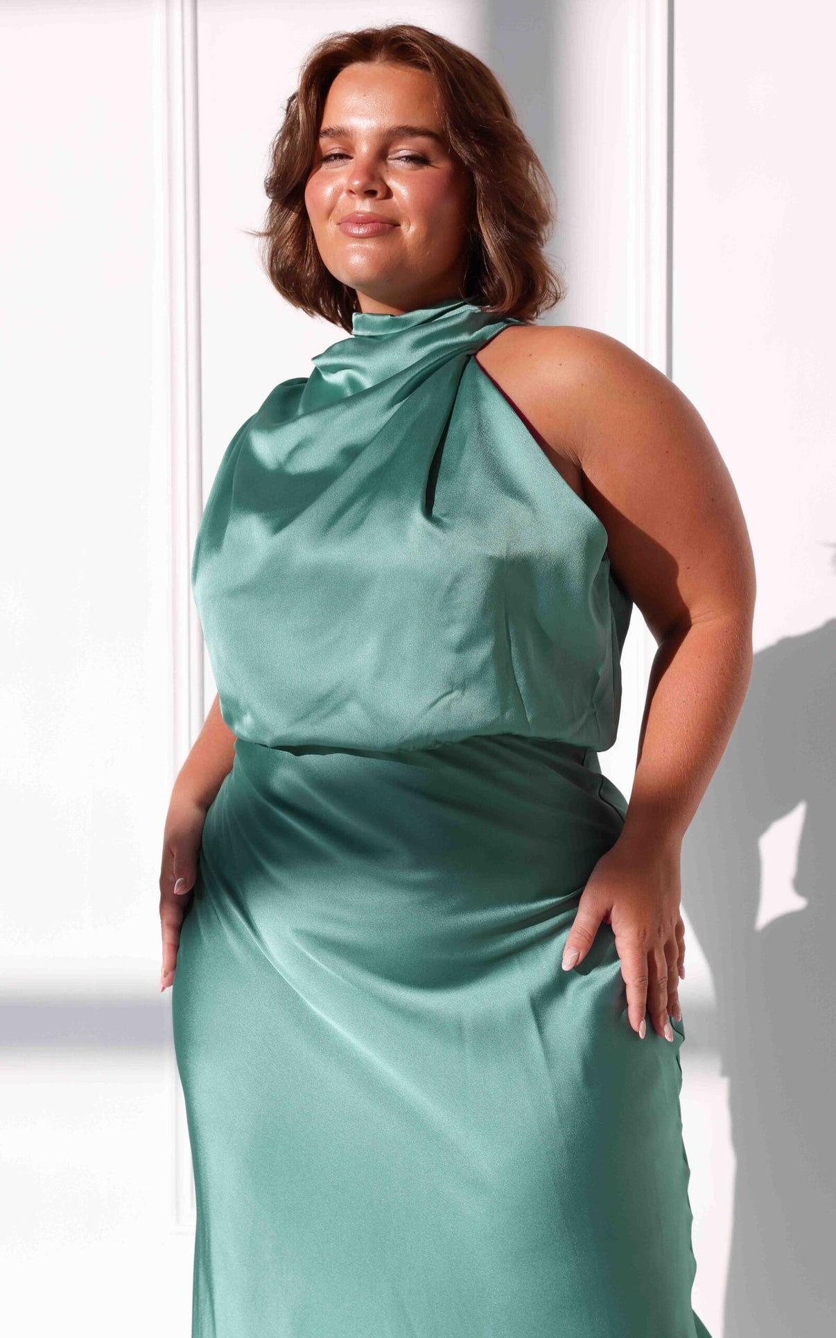 Quira | Mint Asymmetric-Neck Maxi Dress With Cape-Sleeve