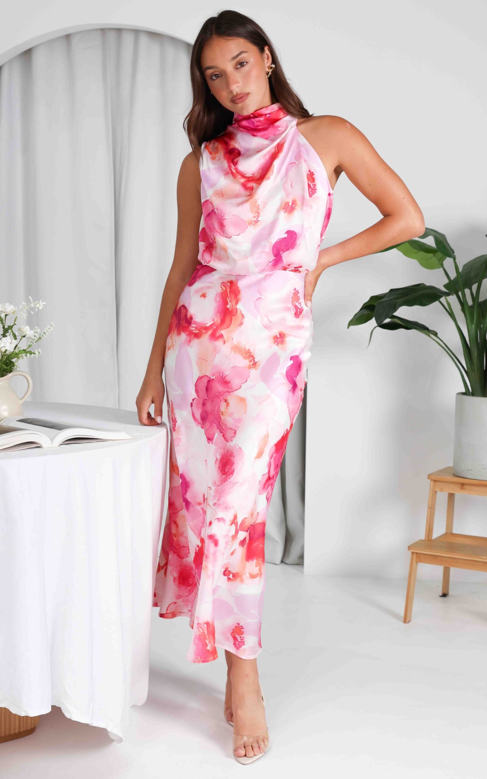 COBERO HIGH COWL NECK ASYMMETRIC SHOULDER TIE UP OPEN BACK MAXI DRESS