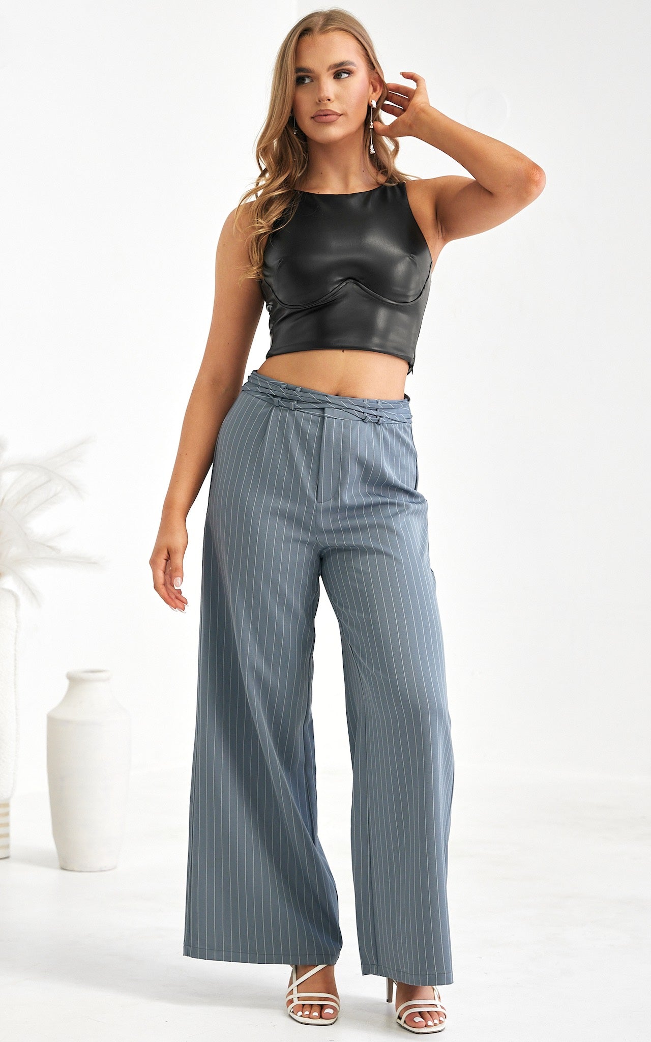 Colbert Wide Leg Pants - Grey Pinstripe