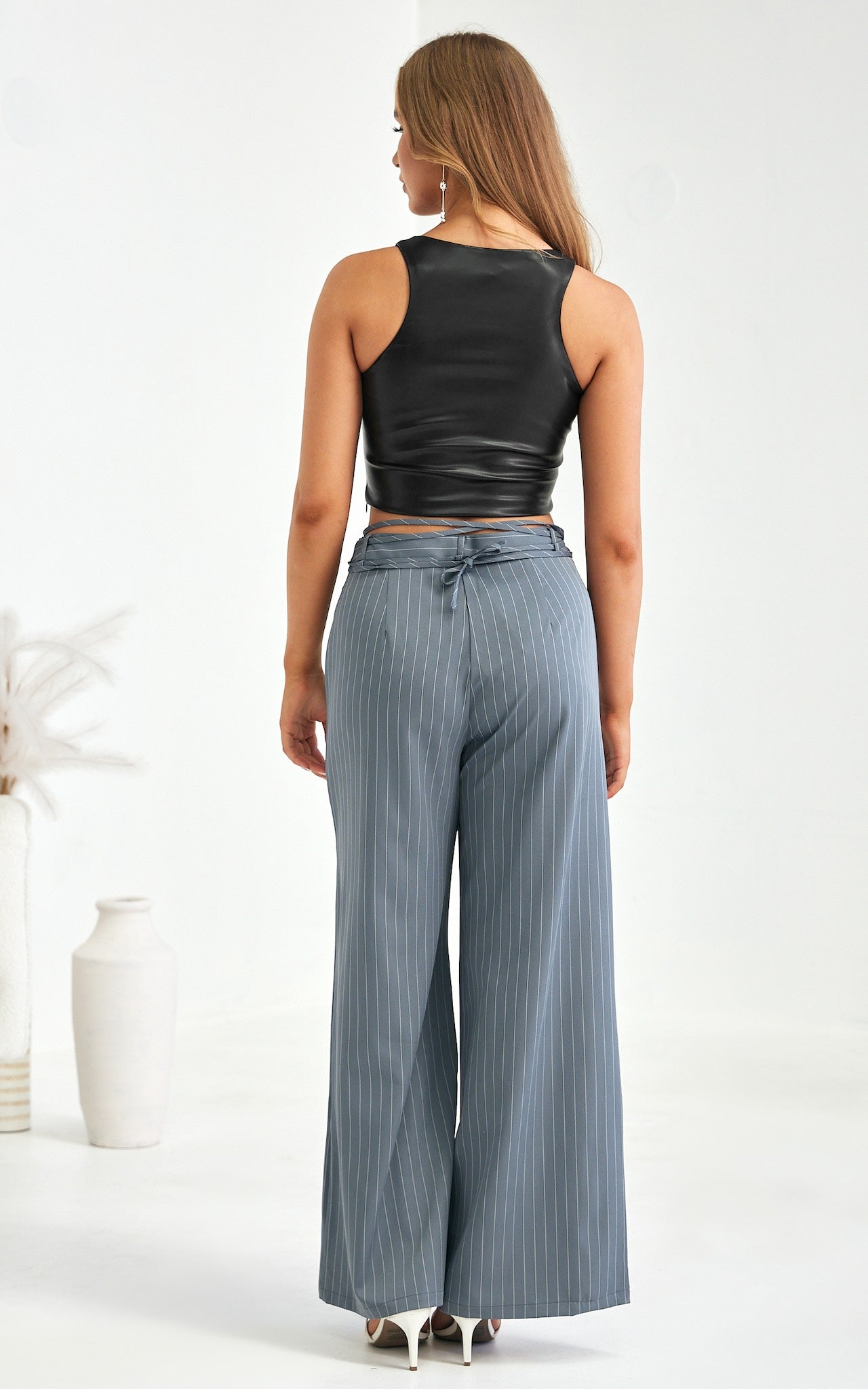 Colbert Wide Leg Pants - Grey Pinstripe