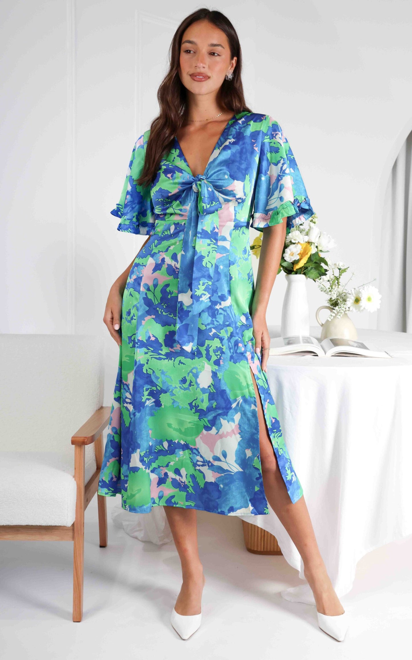 (Preorder) Conessa Midi Dress - Blue Green Print