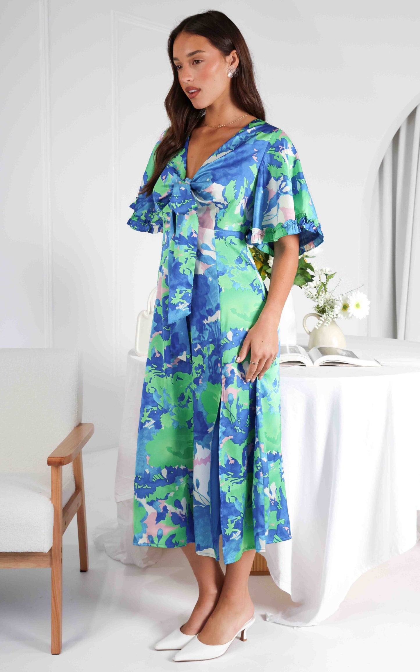 (Preorder) Conessa Midi Dress - Blue Green Print