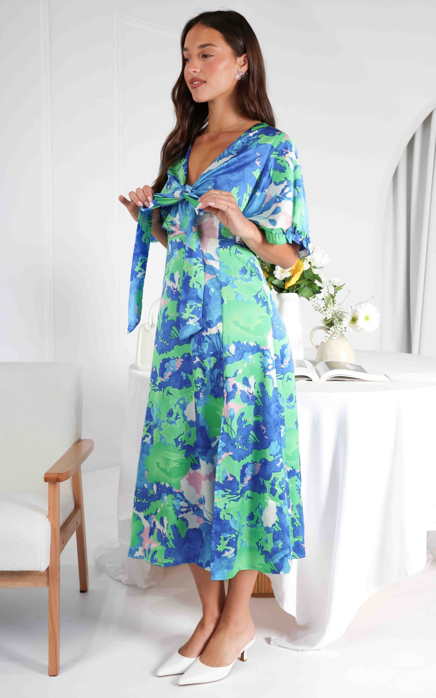 (Preorder) Conessa Midi Dress - Blue Green Print