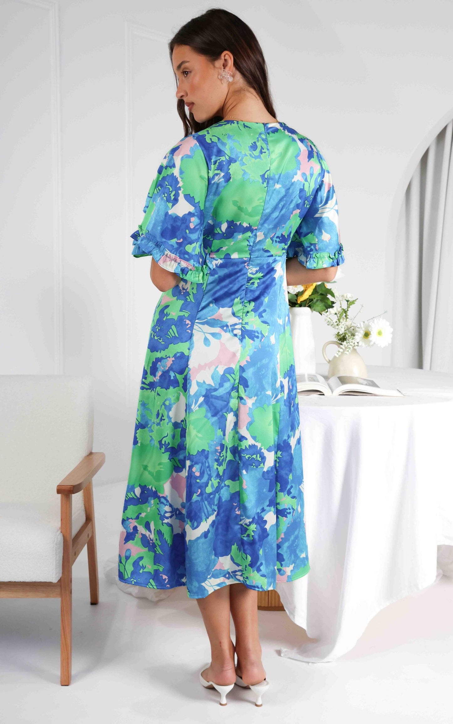 (Preorder) Conessa Midi Dress - Blue Green Print