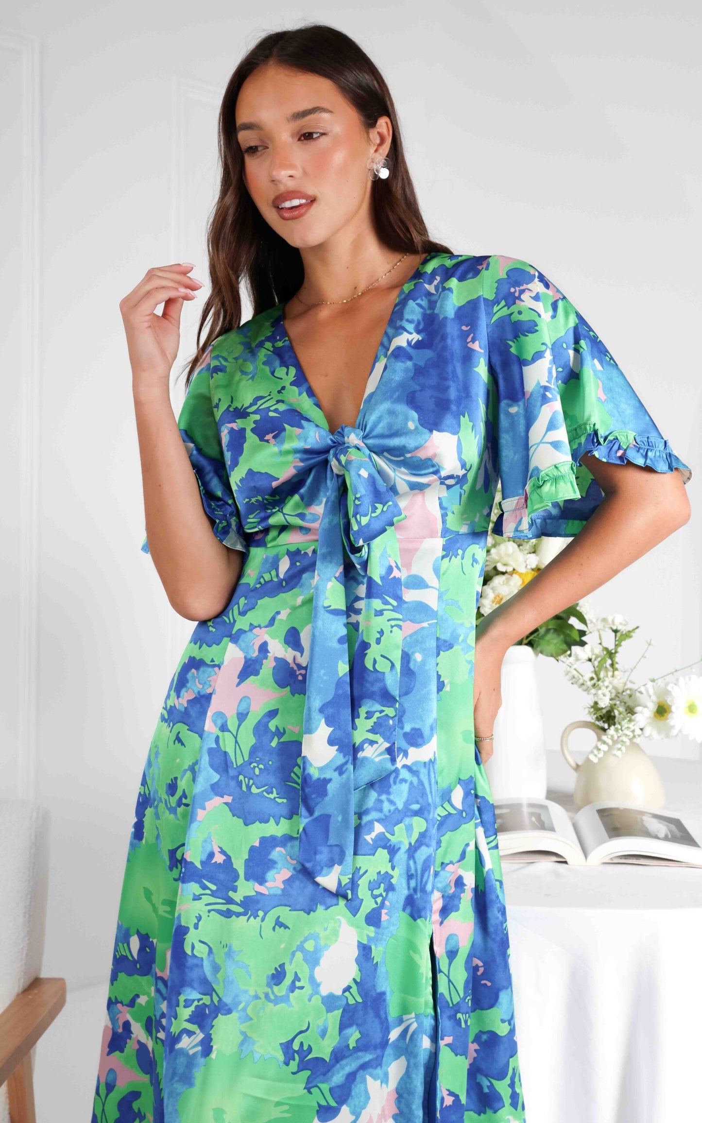 (Preorder) Conessa Midi Dress - Blue Green Print