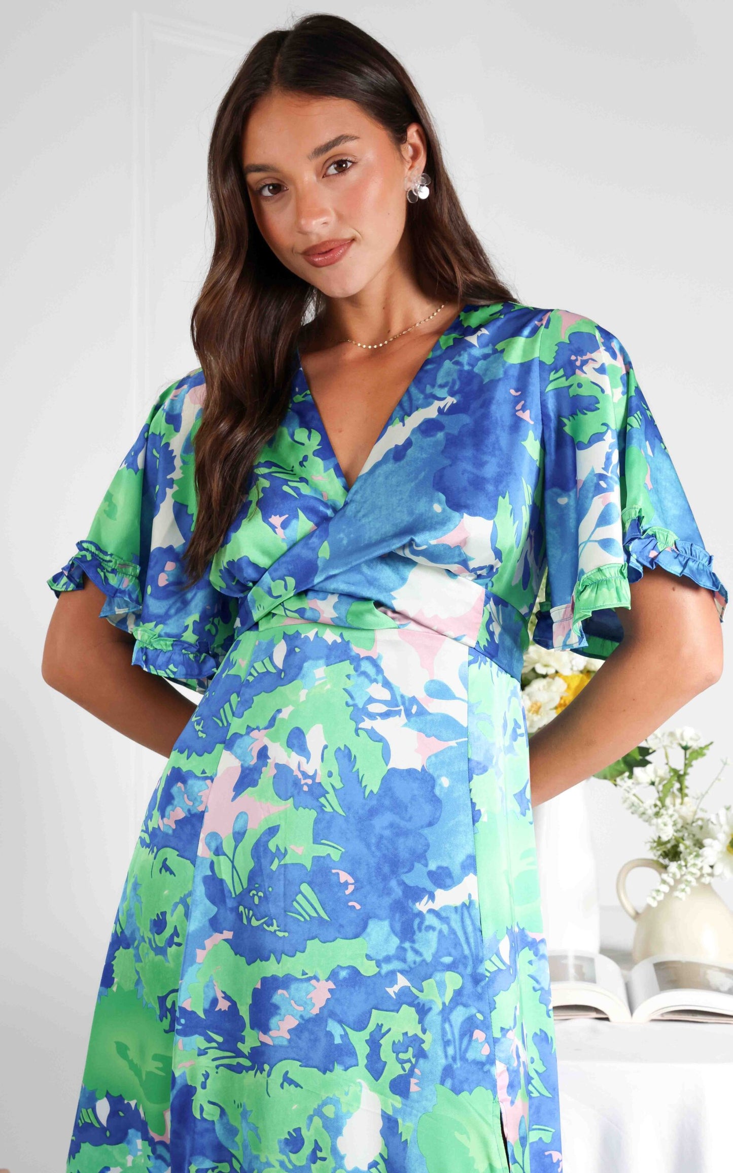 (Preorder) Conessa Midi Dress - Blue Green Print