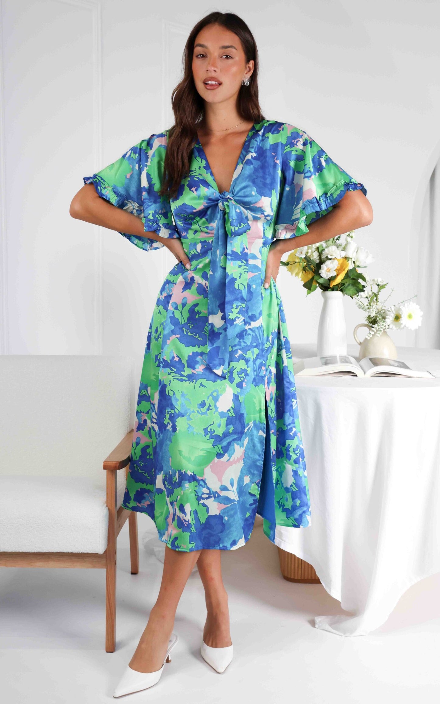 (Preorder) Conessa Midi Dress - Blue Green Print