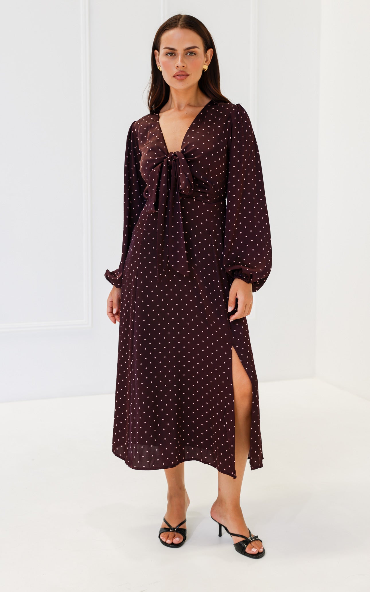 Conessa Long Sleeve Midi Dress - Wine Mahogany Spots