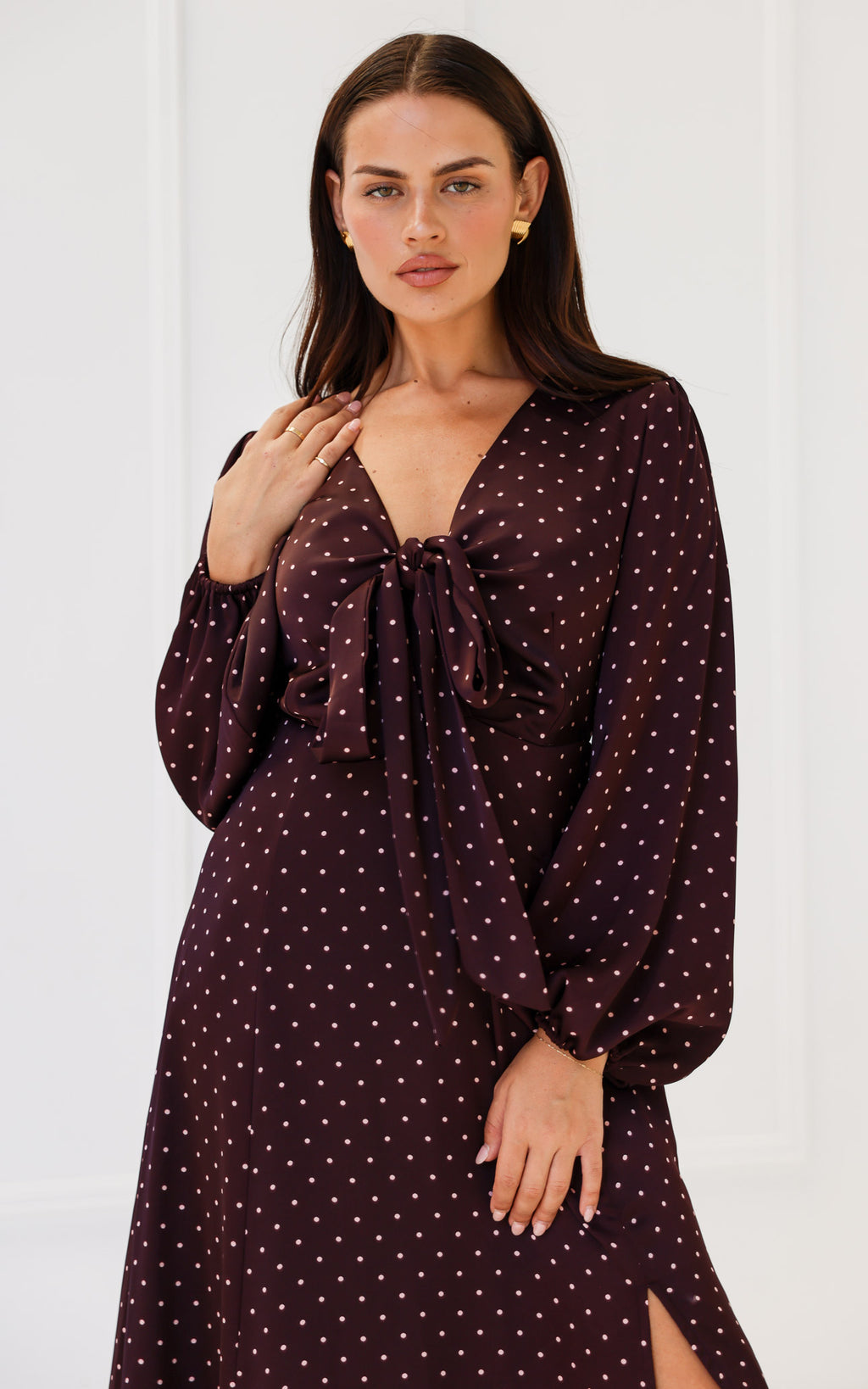 Conessa Long Sleeve Midi Dress - Wine Mahogany Spots