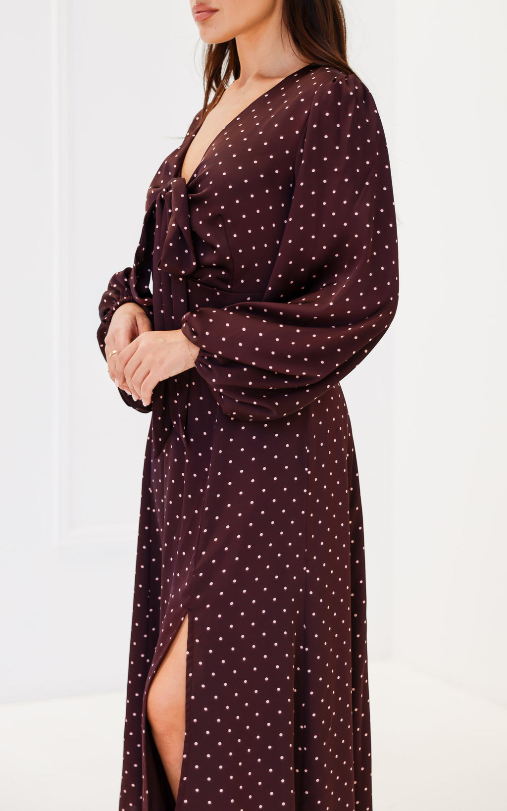 Conessa Long Sleeve Midi Dress - Wine Mahogany Spots