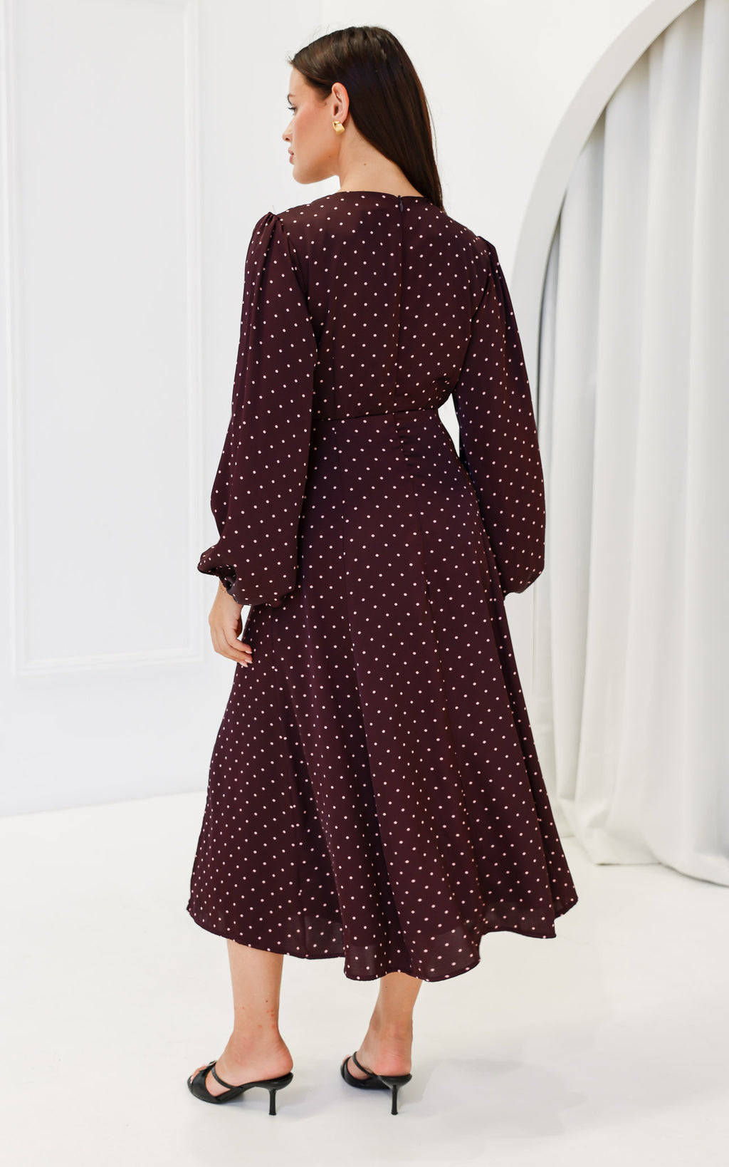 Conessa Long Sleeve Midi Dress - Wine Mahogany Spots