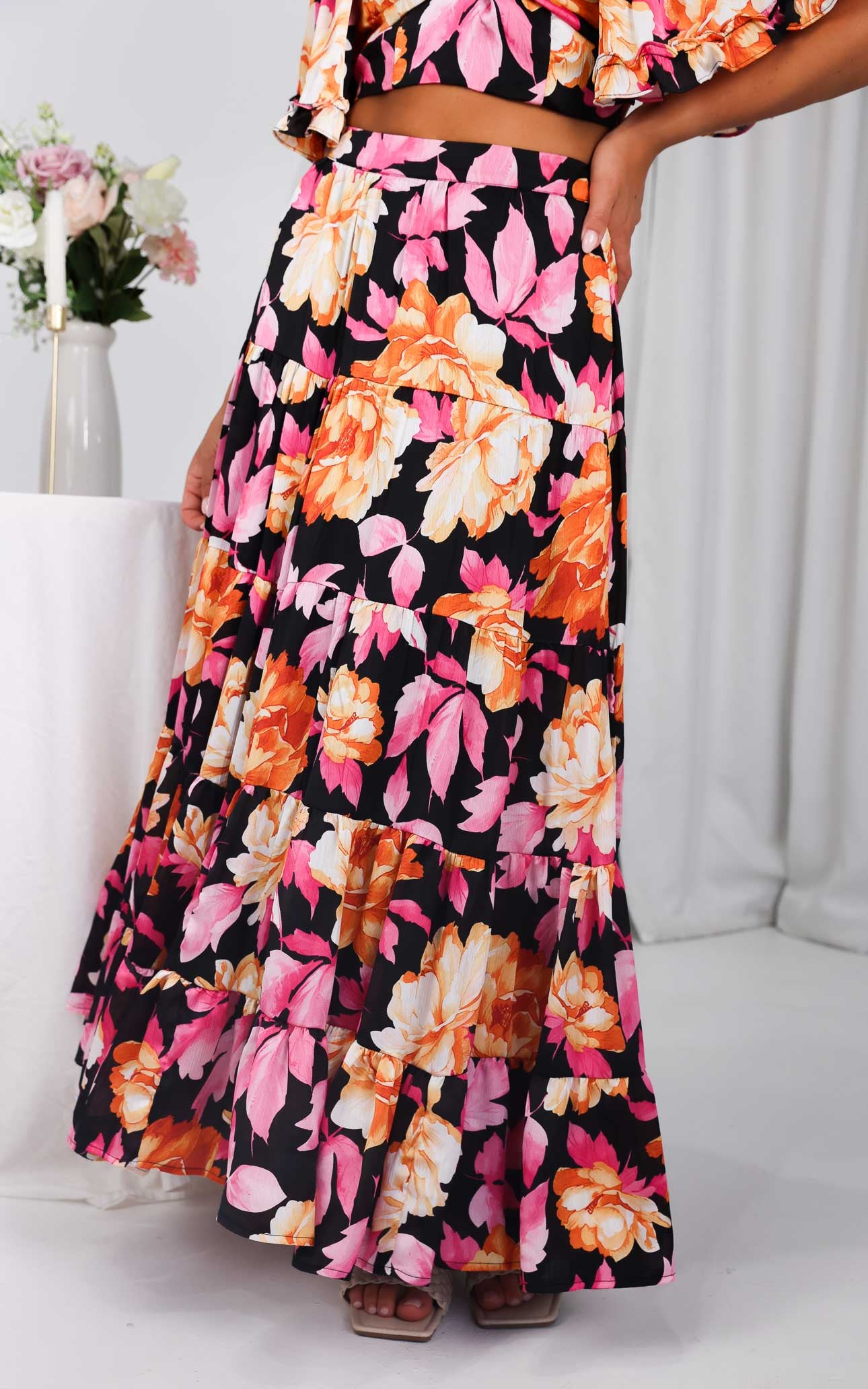 Corlette Maxi Skirt - Black Floral